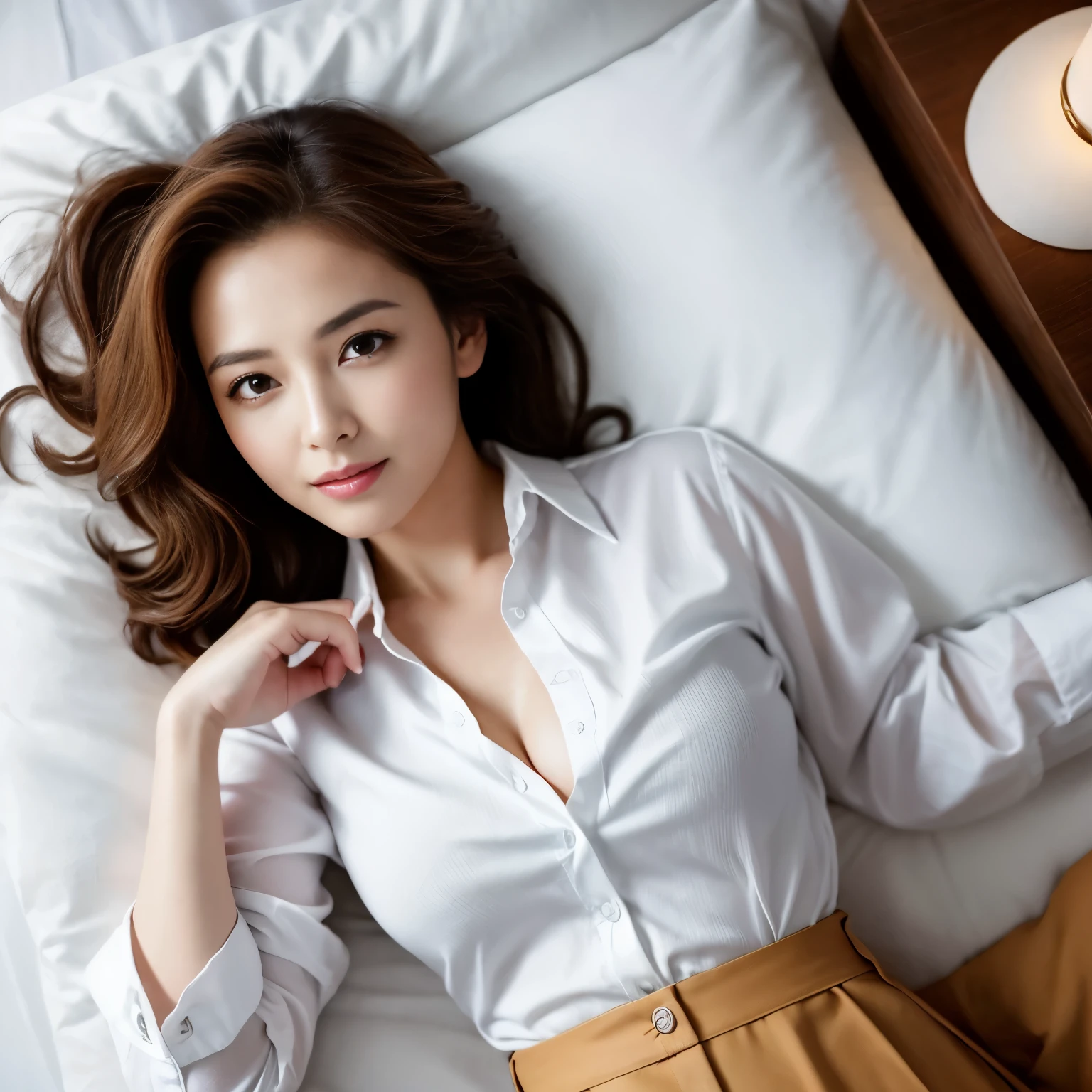 ((1人の女性,1 female)),((((Suit jacket,Formal blouse,It's pants)))),((((Hotel Bed,laying on back,lie down on her back,Shot from directly above,Take photos from directly above,From directly above,laying on back,Hotel Bed,Hotel Bed)))),((Perfect makeup, Looking at the camera,The most beautiful faces in Japan,adultlike face,smil,gently smiling,a smile,Strong maternal qualities,Staring at this,Faces close,Staring at this,Very Longhair,waved hair,Slimed,Colossal tits,Breasts are big,Emphasize the bulge of the chest,super-fine,beautiful hairl,Transparent photos,Introducing Japan's most beautiful face in detail,View here,Perfect fingers,face perfect,细致背景,Fair skin,Crystal clear white skin,Perfect fingers,细致背景,top-quality,The ultra -The high-definition,Perfect Anatomy,high-definition RAW color photography,professional photograpy, Very delicate, Extremely detailed,finely detail, Huge file size,Top image quality,8K,Award-Winning Works,masutepiece,Professional filming