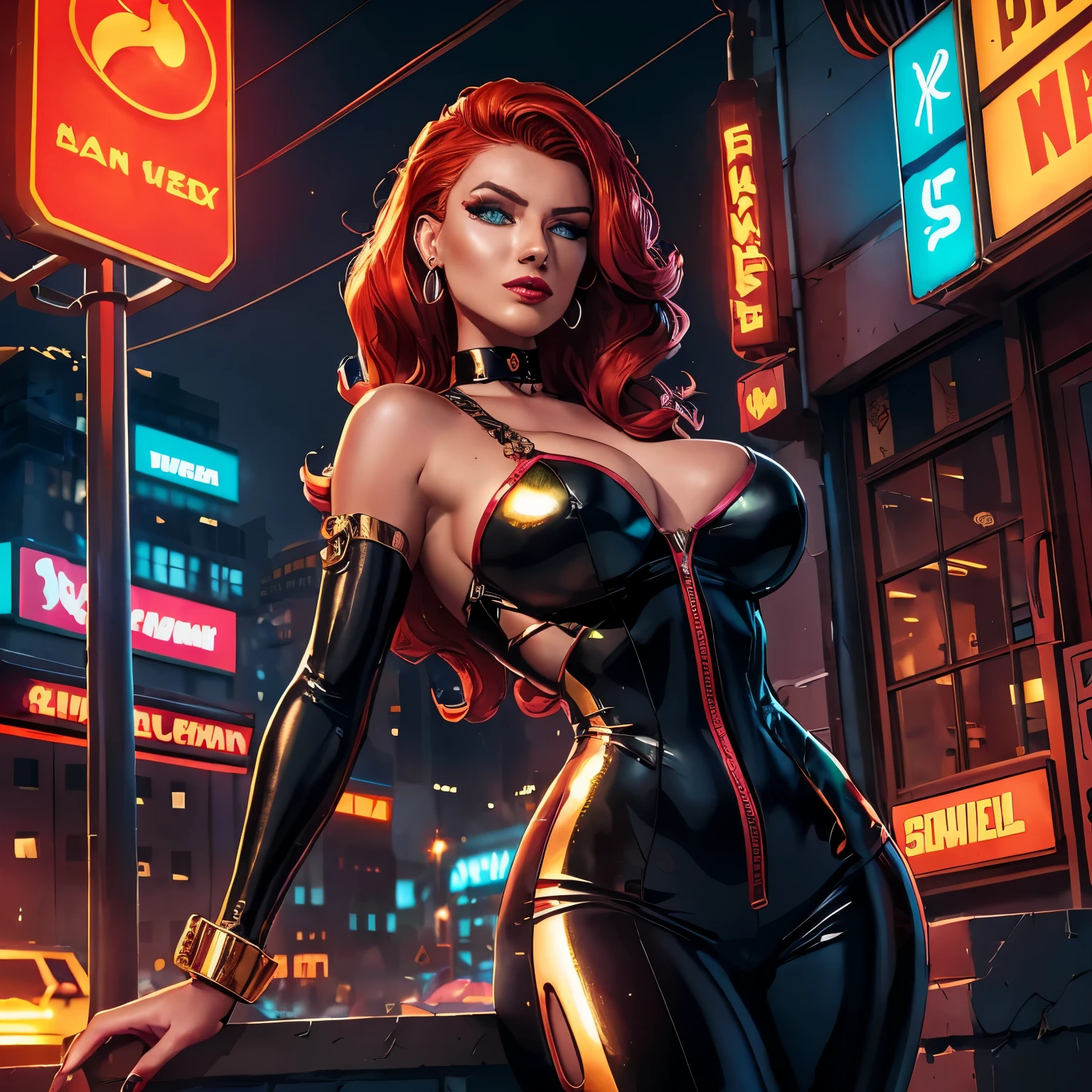 In the heart of a gritty, retro-futuristic world, a pin-up badass beauty poses confidently. Her sultry curves are accentuated by a form-fitting metallic jumpsuit, adorned with intricate mechanical details that shimmer under the warm, vintage neon glow. Her fiery red hair cascades down her shoulders, complementing her piercing emerald eyes.

Her expression is bold and defiant, her crimson lips parted in a smirk. The air is thick with the scent of ozone and decaying city streets, mingled with the scent of her classic Rose perfume. A gentle rain begins to fall from the smoky,