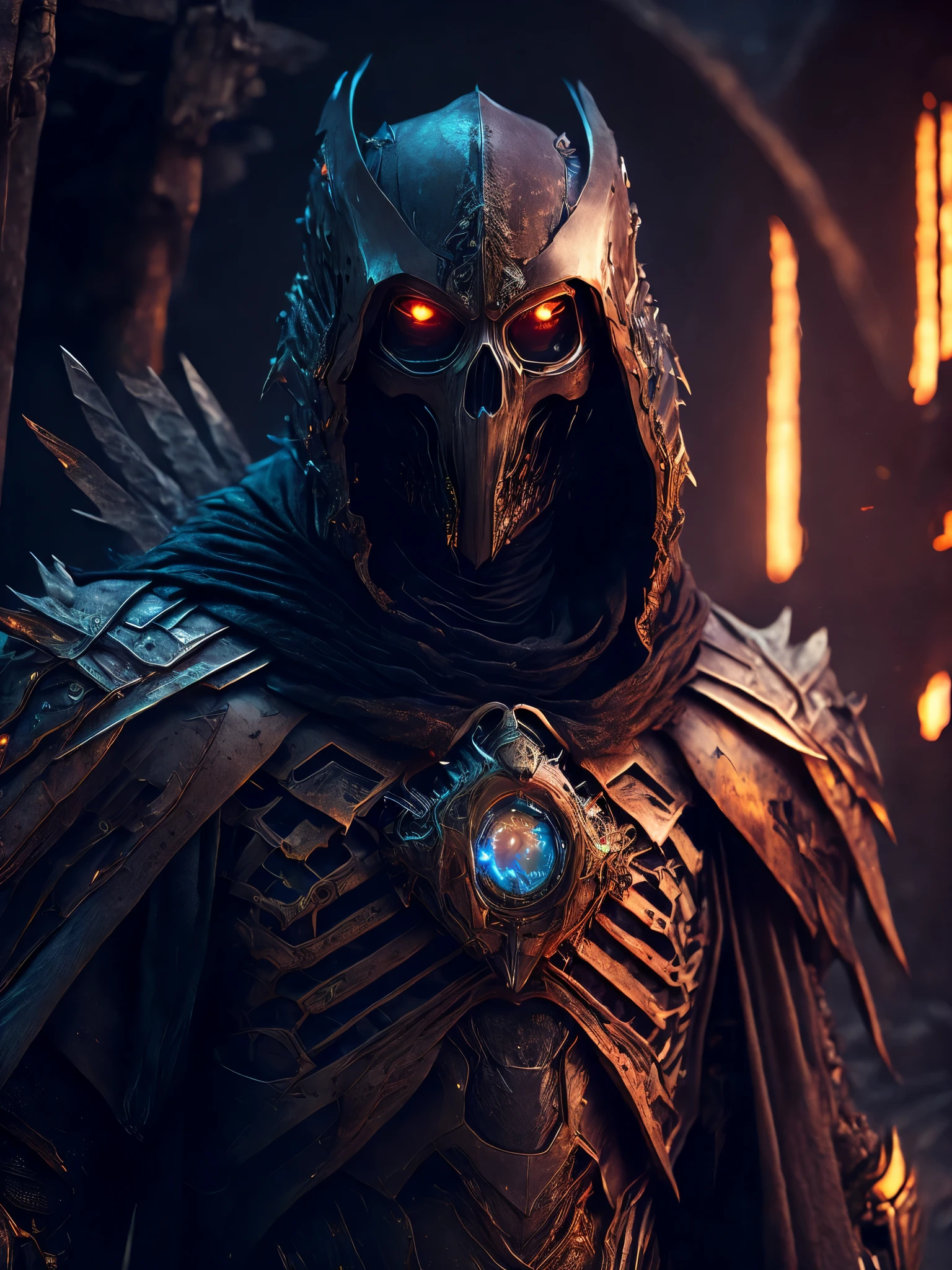 breathtaking cinematic science fiction photo of a full body reaper, metal skin, body full of dirty leather and glowing metrics inside, glowing multicoloured eyes, multifaceted eyes, metallic arms, inside a destroyed building, extremely menacing creature, highly detailed, award-winning