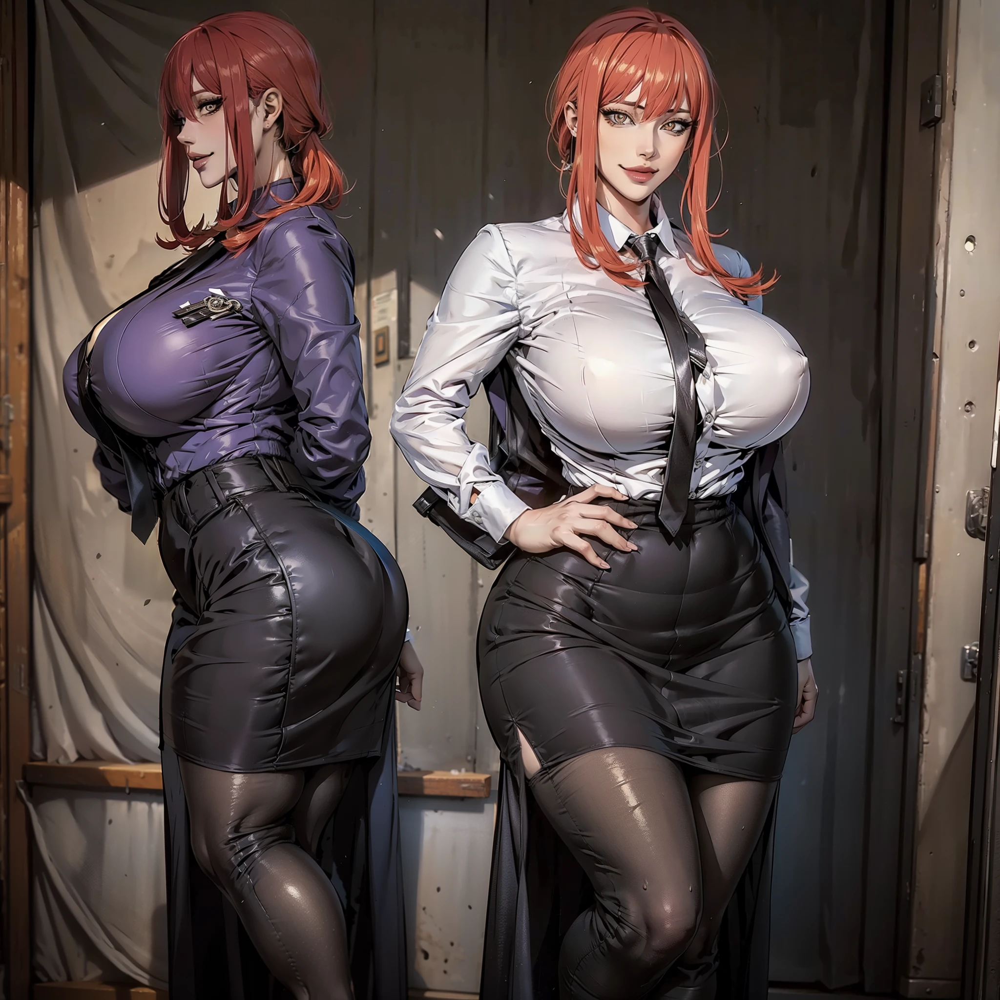 Makima (Chainsaw Man), (RAW Photos: 1.2), (Photorealistic: 1.4), (Masterpiece: 1.3), (Best Quality: 1.4), Ultra High Resolution, Landscape, Solo Focus, (Full Body), (Detailed Eyes), (Detailed Facial Features), Tight Skin, (Shiny Skin), (One Girl, Solo), Happy, Smile, Bob Hair, long sleeve shirt,( formal satin pencil skirt), perfect style, (Erection, emerge, streak), waist shot, side view, hips curve, ass protruding, office, office suit, super beautiful lady,satin pencil skirt, grey satin