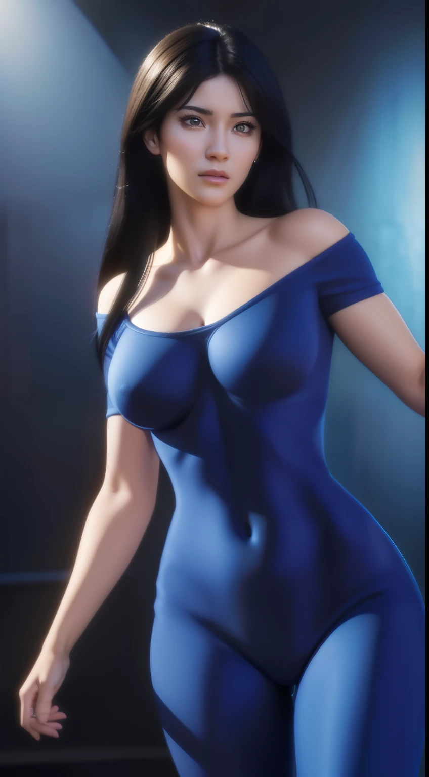 masterpiece, best quality, highly detailed, ultra high resolution, (photorealistic: 1.8), unreal_engine, photography, realistic_skin_texture, background, (ultra detailed face), 8k, trending on artstation, highly detailed, best quality, ultra detailed, realistic , Hitomi Kisugi, 1 girl, beautiful girl,
long black hair, beautiful detailed eyes,
beautiful detailed lips, eyelashes, beautiful eyes, beautiful brown eyes, detailed face, beautiful face, beautiful face, blue bodysuit, blue dress, off the shoulder, (BREAST:0.8), a thin yellow band around the waist, (band:0.7 ), vibrant colors, HDR, studio lighting, sharp focus,
in action towards the spectator, posing towards the spectator.