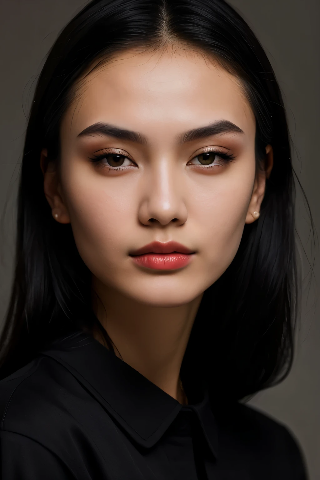 (best quality),(masterpiece),(detailed),(20 years),(perfect face),(in black clothing),Kazakh girl,(black hair),(prominent cheekbones),(slender face),oil painting,ultra-detailed,studio lighting,vivid colors,sharp focus,bokeh,portrait,subtle and warm color tones,soft and diffused lighting.