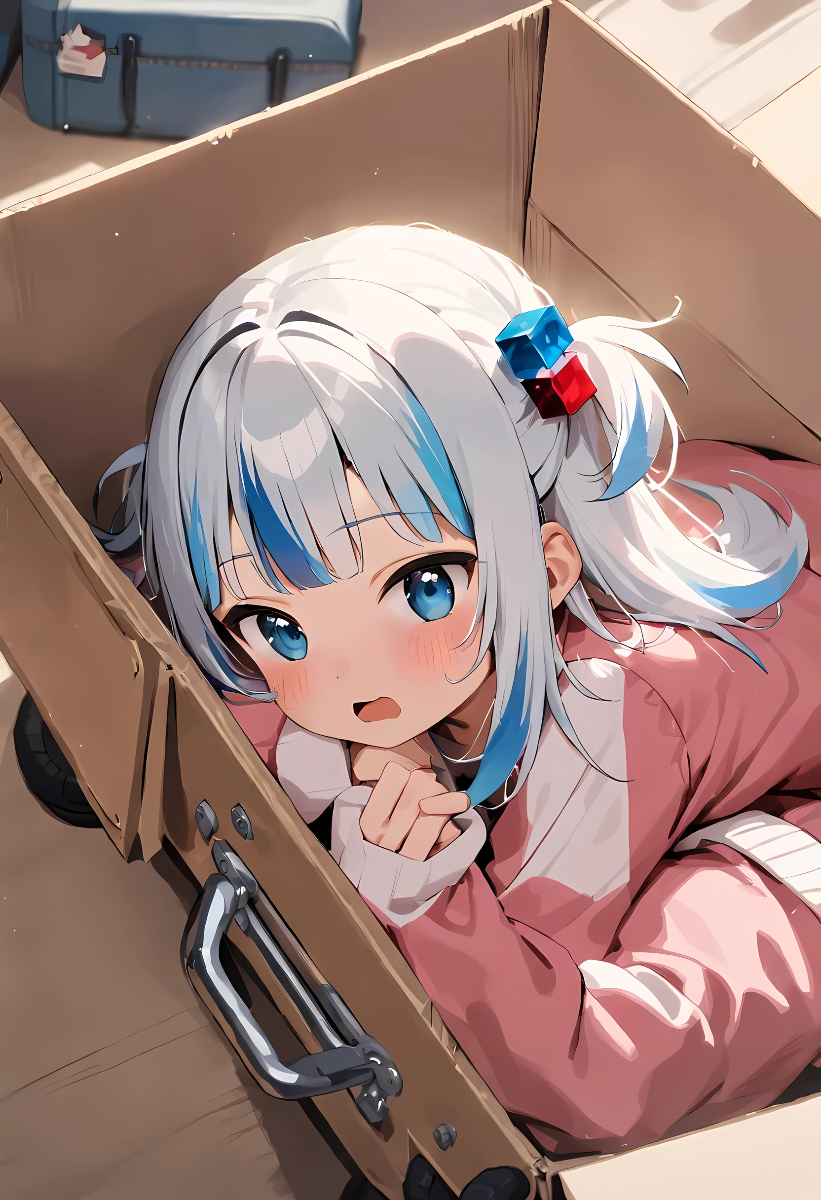 huge beat/(Holographic live broadcast/),masterpiece, best quality, hair accessories, cube hair accessories, blue eyes, white hair, long white hair, gray skirt, pexistk track jacket, Bangs, hair between eyes, BREAK best quality, (1 girl), lookexistg at camera, fit, medium breasts, small, open mouth, white underwear, suitcases, side, lie, exist_Box