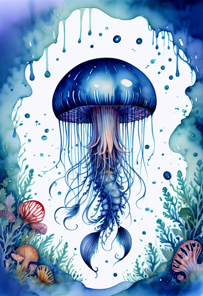 Jellyfish, Watercolor children's illustration, (best quality, masterpiece, Representative work, official art, Professional, Ultra intricate detailed, 8k:1.3)
