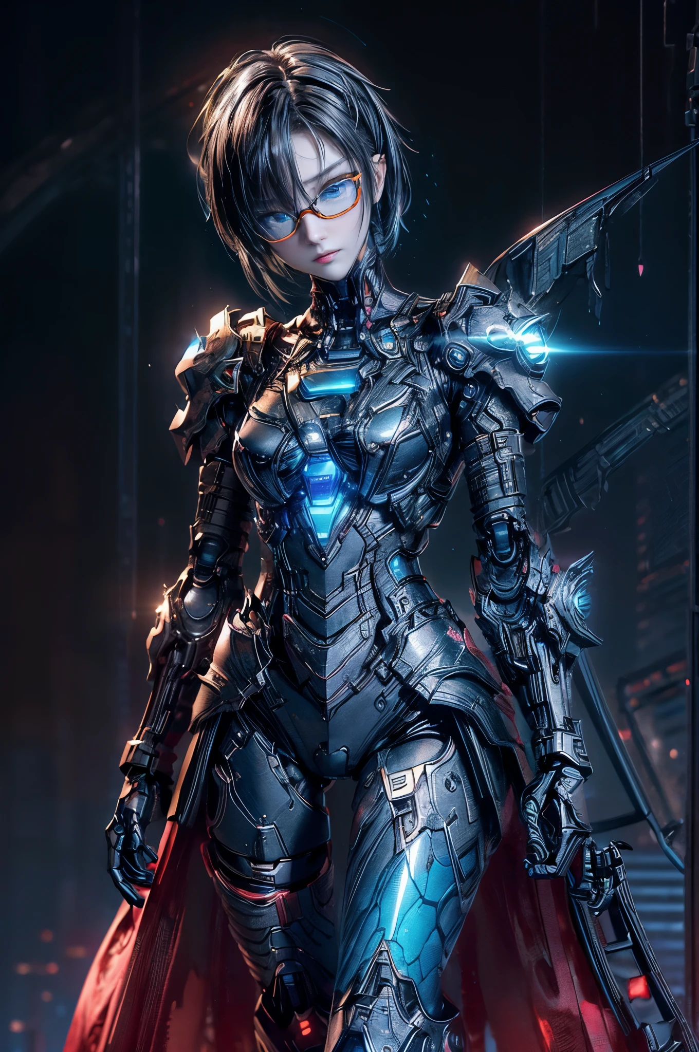 cinematic lighting、highly detailed skin,1 girl, highest quality,cyber punk,(bright colors, beautiful tone:1.3),(Beautiful woman、Detailed beautiful facial features、short black hair、blue eyes、Glasses、slender body:1.3)(Glasses:1.5)break.Android device below the neck、Mechanical armor style based on Gundam、Grayscale background