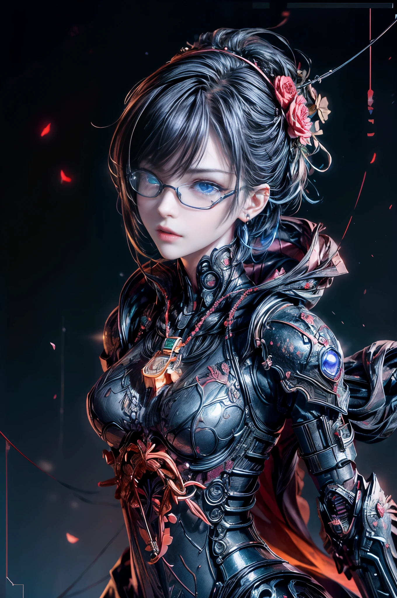 cinematic lighting、highly detailed skin,1 girl, highest quality,cyber punk,(bright colors, beautiful tone:1.3),(Beautiful woman、Detailed beautiful facial features、short black hair、blue eyes、Glasses、slender body:1.3)(Glasses:1.5)break.Android device below the neck、Mechanical armor style based on Gundam、BREAK(薔薇の花束🌹💐を手に持って、gift to me:1.5)BREAK.Grayscale background