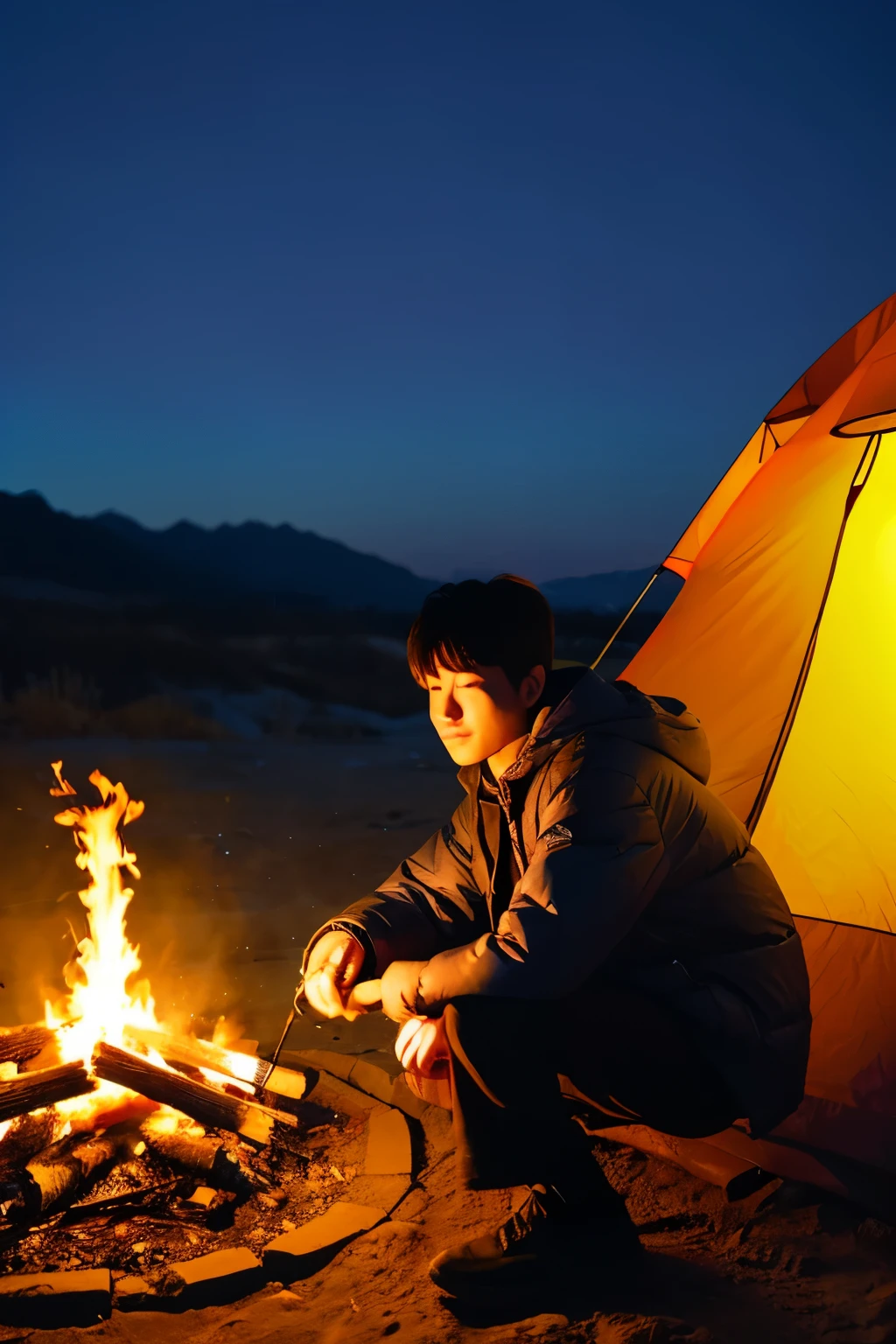 Picture a Korean man camping on a winter night, sitting with a bonfire in front of his tent.
