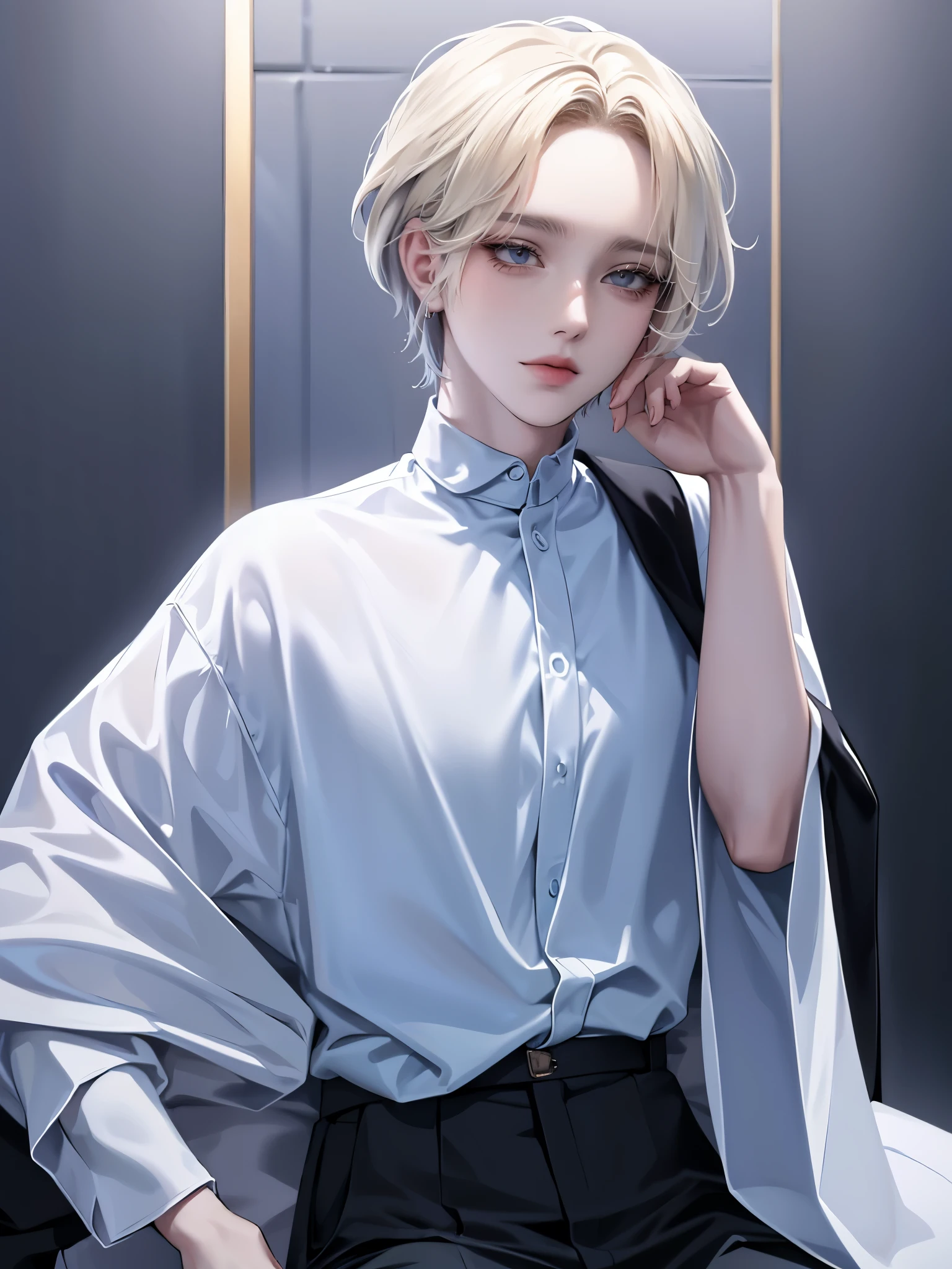 One Beautiful Boy、light golden short hair、Hairstyle with black end color、Light blue colorcon、small face、anime makeup、"A man with a cute and androgynous face"、white skin、cute eyes、Very thin eyebrows、tall、stylish black gothic fashion、long sleeves long pants、Winter clothes、19 years old、Japanese-Korean half man、Has a languid look、anger、Lower the corners of your mouth with no expression on your face、Photographed from the side diagonally、model photoshoot、masterpiece、highest quality、high resolution、fantasy、glaring expression、korean makeup、Wear a lot of piercings、Cool photos、blurred black filter、Various poses、blue filter、SeventeenのJEONGHANに似た顔、JEONGHAN、Seventeen