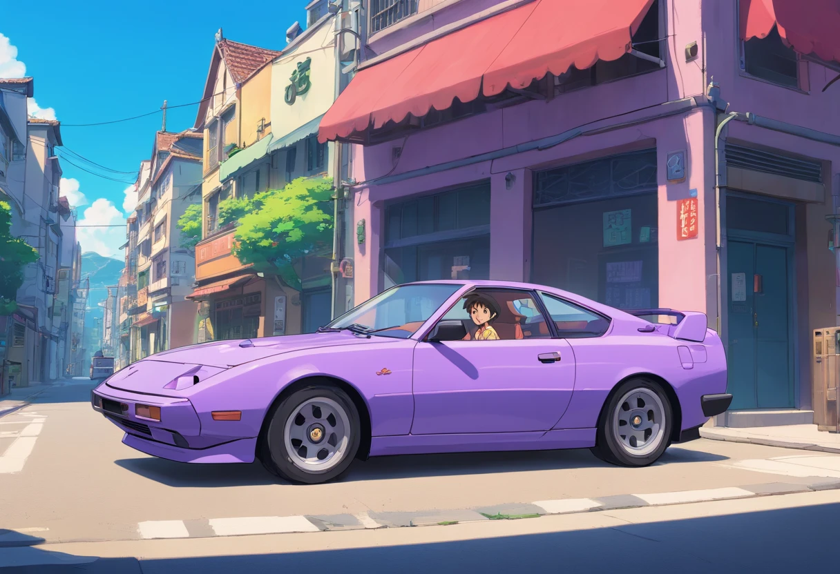 purple car with a girl standing on top of it in front of a building, initial d anime screenshot, 9 0 s anime aesthetic, art deco outrun anime aesthestic, initial d anime, initial d anime 1 0 8 0 p, initial d, lofi artstyle, anime movie screenshot, anime movie scene, akira vibes, style of akira motion movie