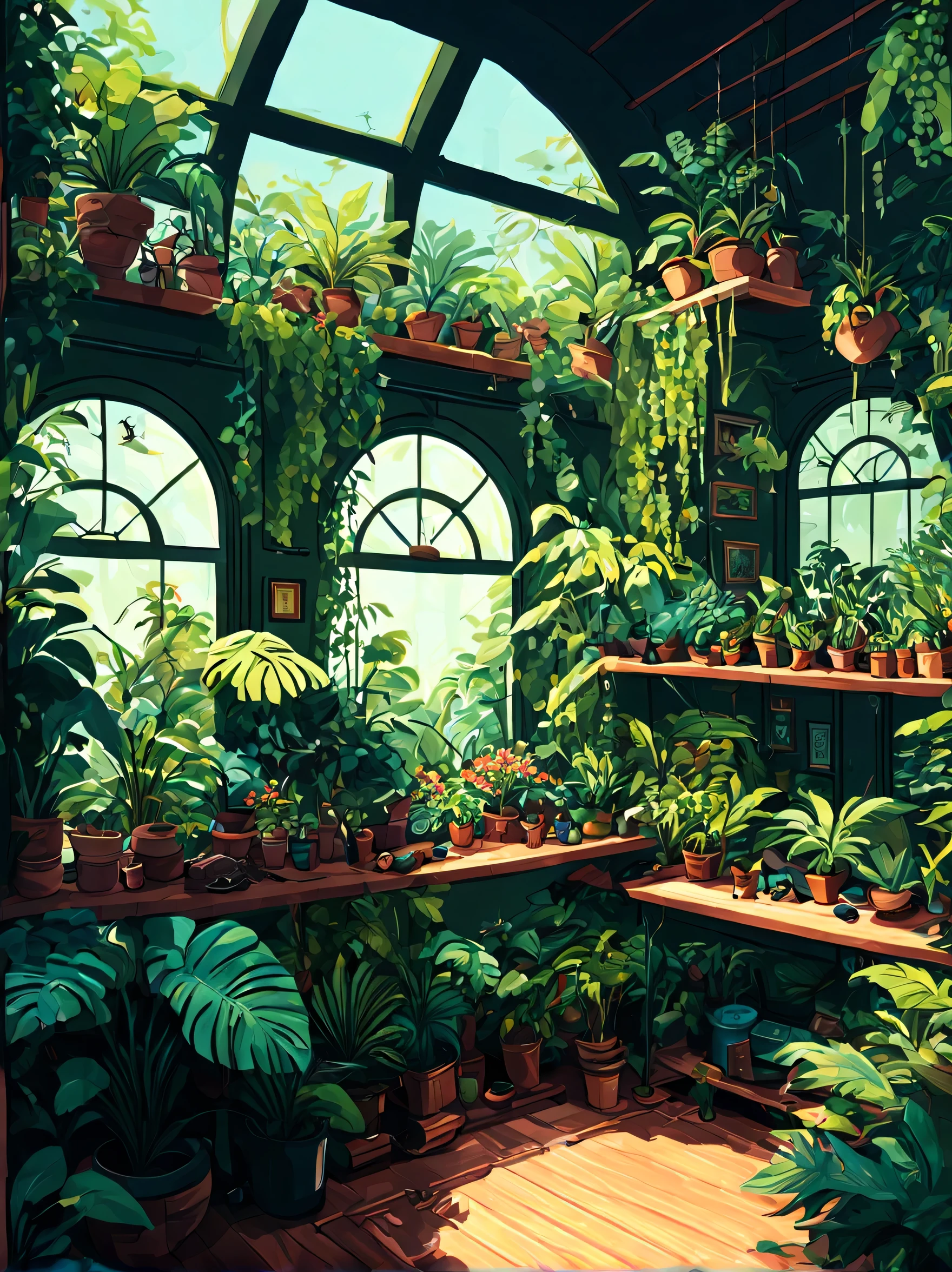 Masterpiece, (aerial view:1.2), (anime thick line style aerial scene of of botanical room with wooden floor:1.4), (sunlight falling near window), headphones, gamepad, camera, photos, curtains, windy, lot of plant pots with tropical plants, cozy ambience, ambient dim light in the dark, no human, light bubble around lamp, cozy color palette, thick bold lines, highly detailed, whimsical, Artstation HQ, high contrast