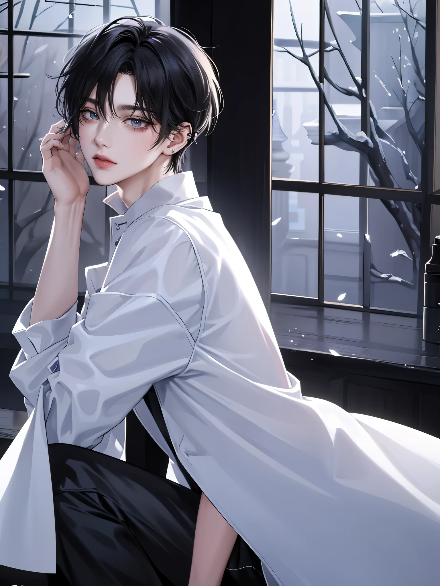 One Beautiful Boy、light golden short hair、Hairstyle with black end color、Light blue colorcon、small face、anime makeup、"A man with a cute and androgynous face"、white skin、cute eyes、Very thin eyebrows、tall、stylish black gothic fashion、long sleeves long pants、Winter clothes、19 years old、Japanese-Korean half man、Has a languid look、anger、Lower the corners of your mouth with no expression on your face、Photographed from the side diagonally、model photoshoot、masterpiece、highest quality、high resolution、fantasy、glaring expression、korean makeup、Wear a lot of piercings、Cool photos、blurred black filter、Various poses、blue filter、SeventeenのJEONGHANに似た顔、JEONGHAN、Seventeen