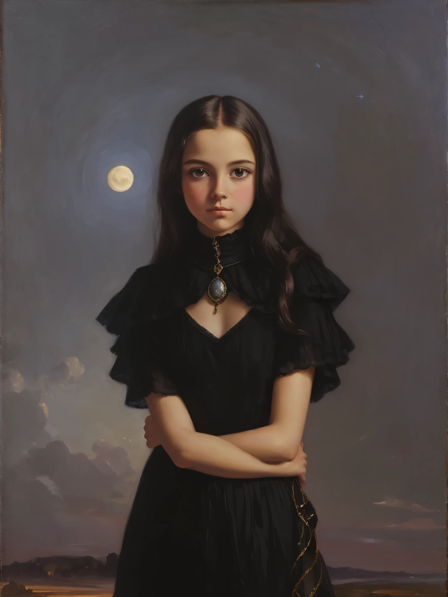 [(front portrait: young girl with big eyes)((Harrison Fisher style))):20]/[background:landscape
 Baroque (moonlight sunset), style Rafael Santi], very colorful,((oil painting)),((masterpiece)),single shot