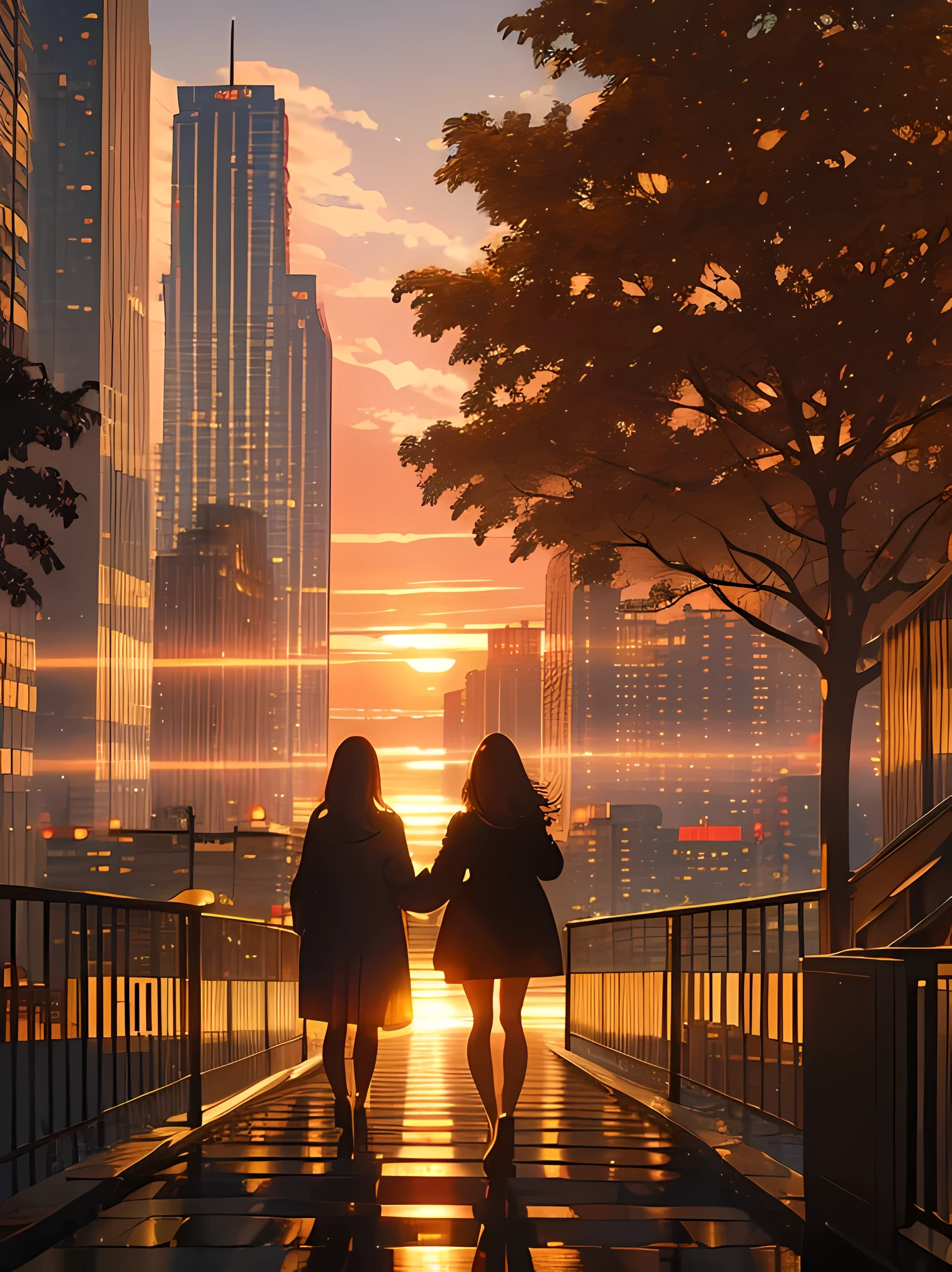 (highres:1.2),ultra-detailed,realistic,portrait,cityscape,detailed background,beautiful lighting,soft shadows,blurred foreground,golden hour,sunset,striking,vibrant colors,towering structure,2 girls in the distance,high-rise buildings,streets bustling with activity,subtle breeze,serene atmosphere,plant-filled rooftop,breathtaking view,black iron fences,green trees in the background,impressive architectural details,reflection in windows,crisp air,majestic skyline,expansive horizon,peaceful and calm ambiance, facing away