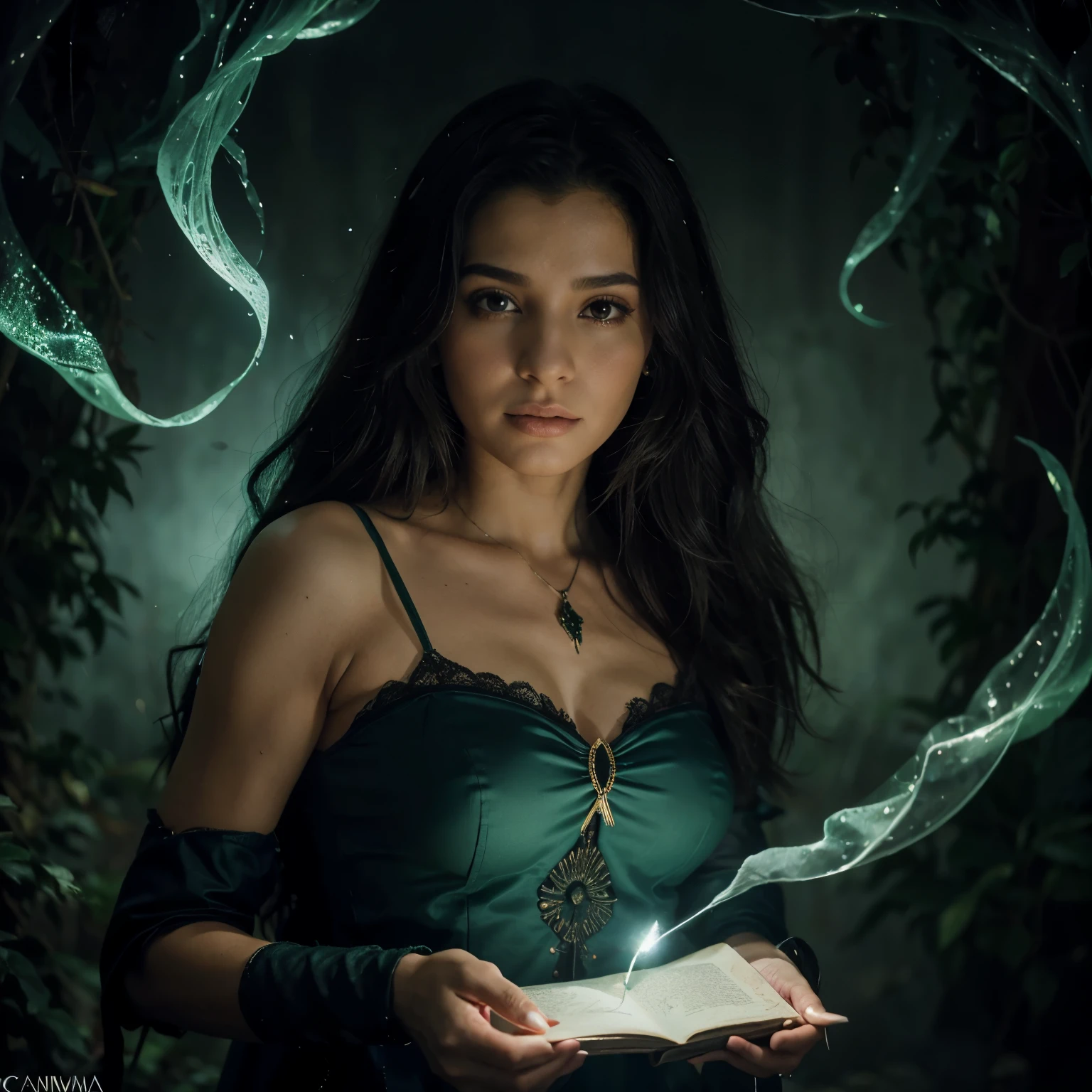 mulher arafed em um vestido preto com chifres e uma capa verde segurando uma vela, Foto do personagem de fantasia, female wizard casting a spell, casting a protection spell, maga feminina de fantasia sombria, linda feiticeira feminina, Retrato de uma feiticeira, uma bela feiticeira, feiticeira bonita, bruxa feminina bonita, spellcasting wizard