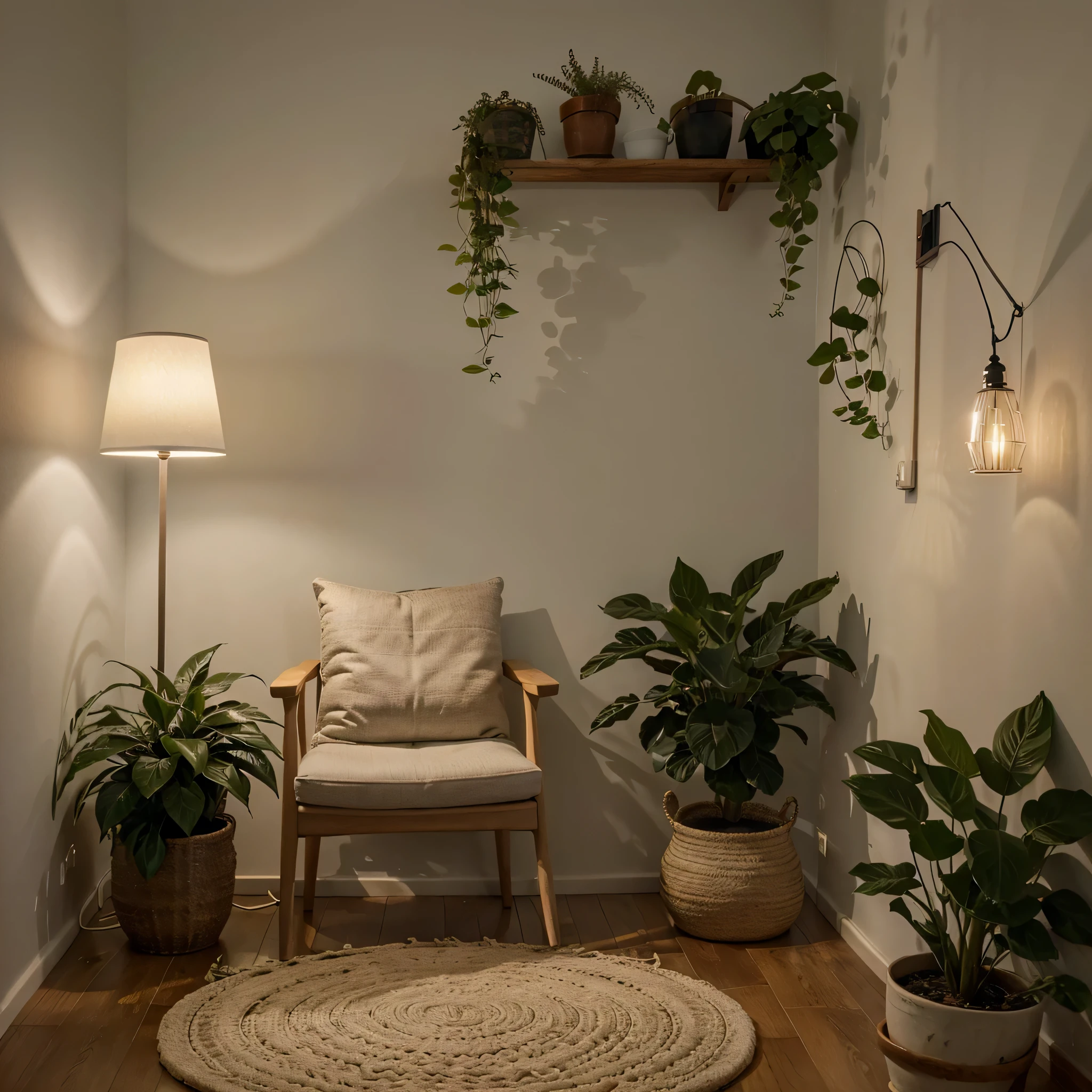 fondo de habitacion de dia, con sillon, lampara, Pintura, plantas
