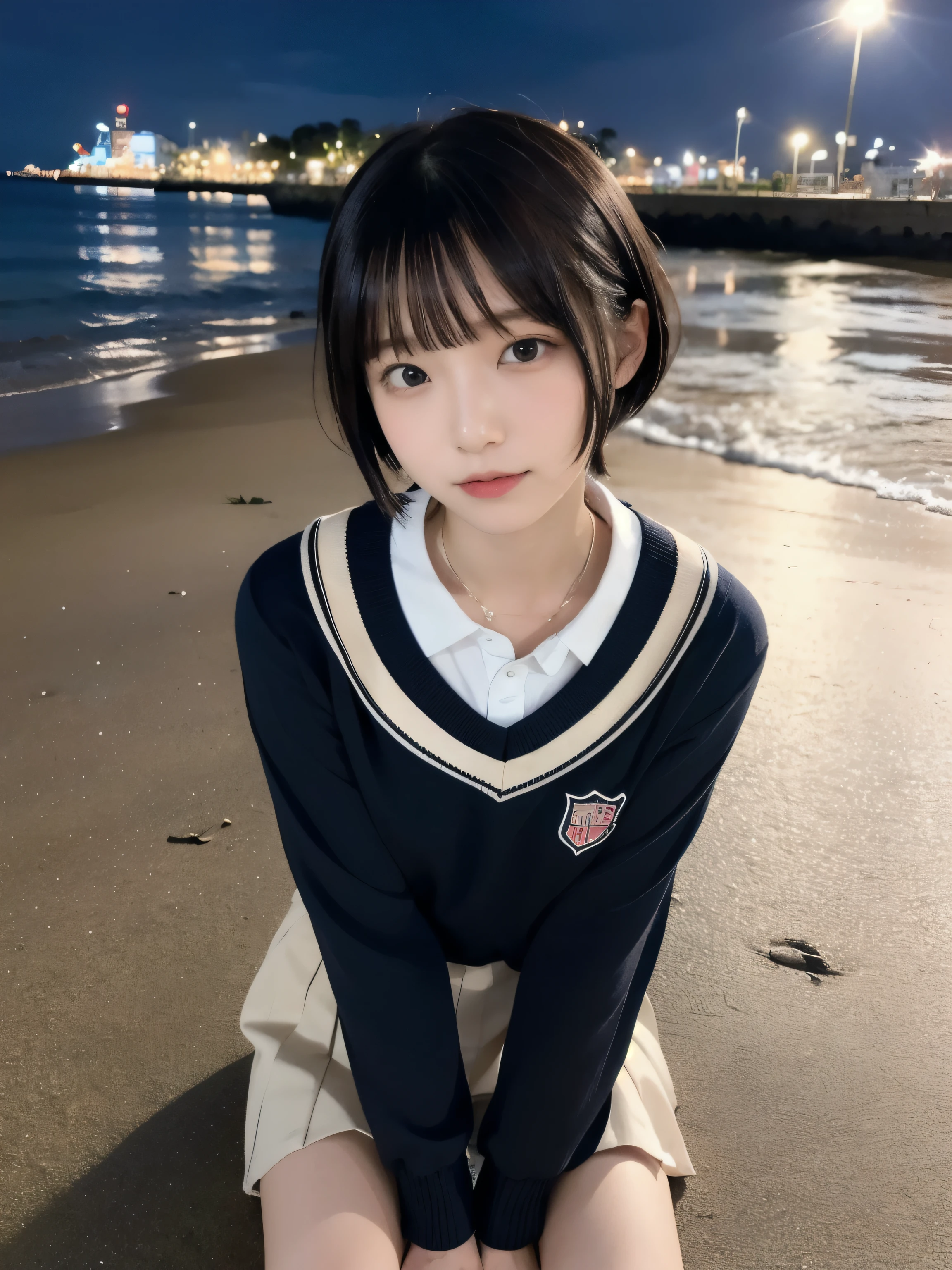 highest quality,RAW photo  , 19 year old Japanese female idol, from below ,
leaning forward, sit on the ground , spread your legs, school uniform ,short hair, bowl cut ,cute face  ,edgy,droop ,murky water , overflowing  ,Wet ,selfie, on the beach, rain,night, 
