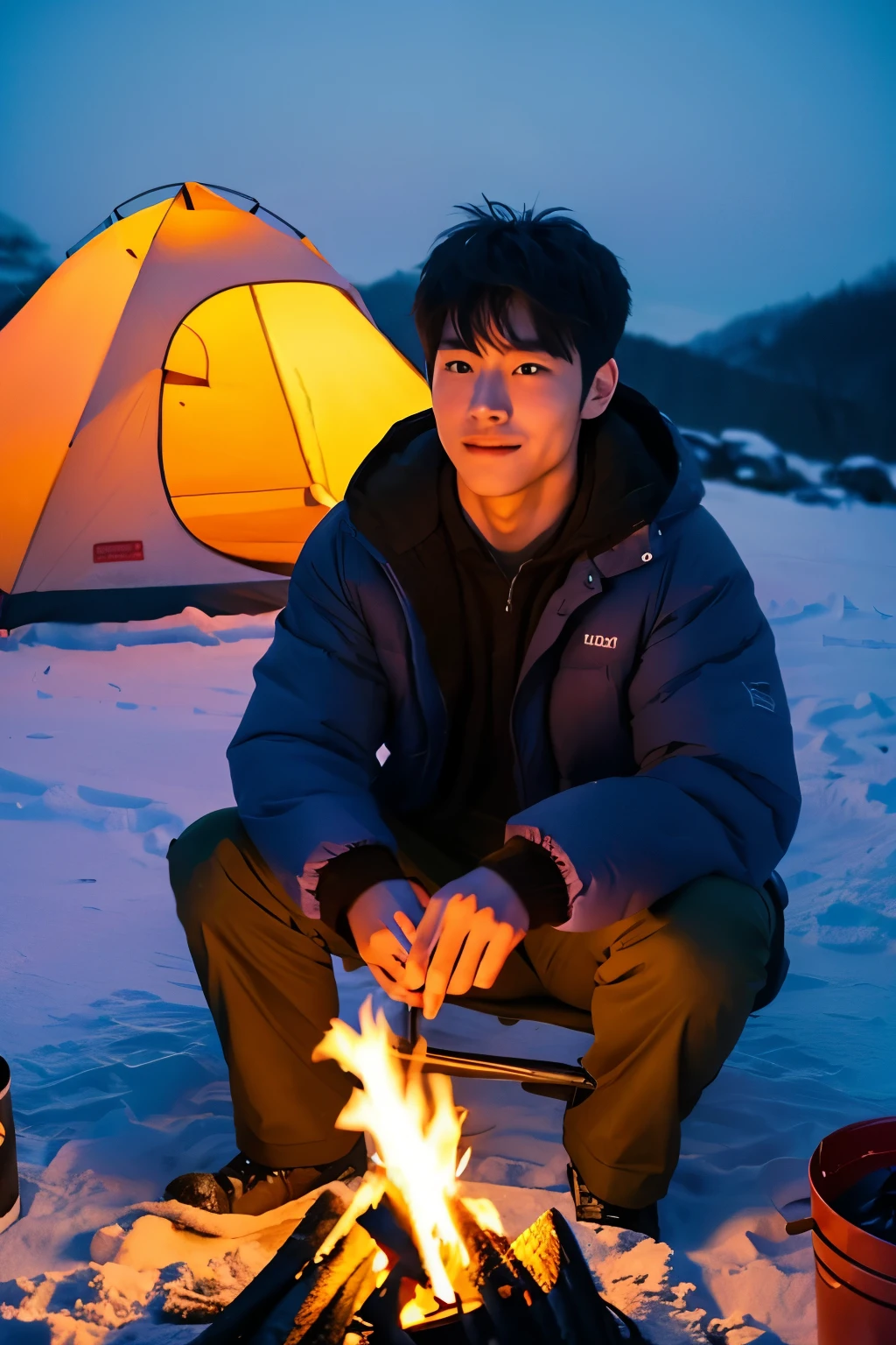 Picture a handsome Korean man camping on a snowy winter night, making a bonfire in front of his tent and sitting looking at the bonfire.