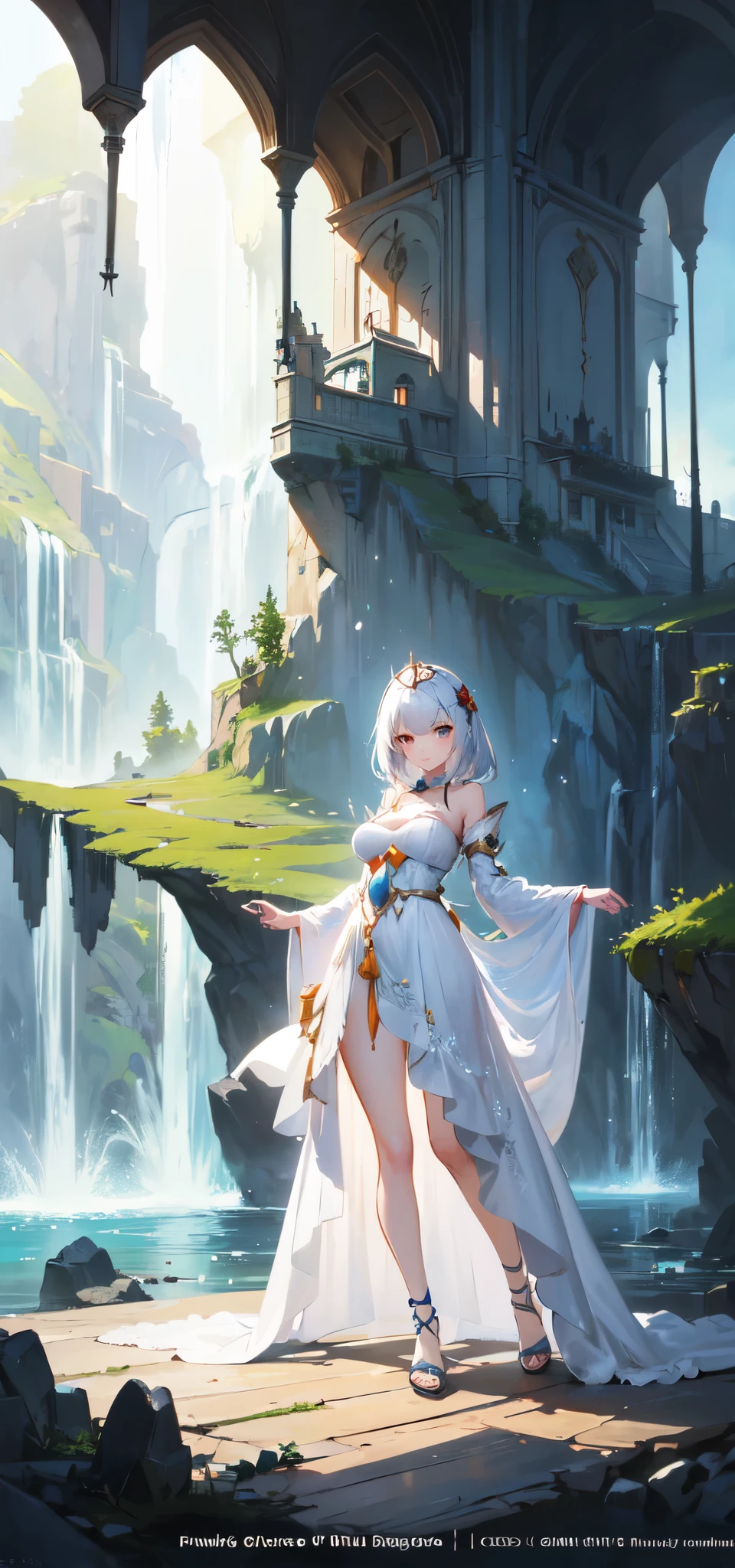 anime girl in white dress standing in front of waterfall, concept art by Shitao, pixiv contest winner, fantasy art, trending on artstation pixiv, anime goddess, artgerm on artstation pixiv, ((a beautiful fantasy empress)), fanart best artstation, beautiful goddess, extremely detailed artgerm, guweiz on pixiv artstation