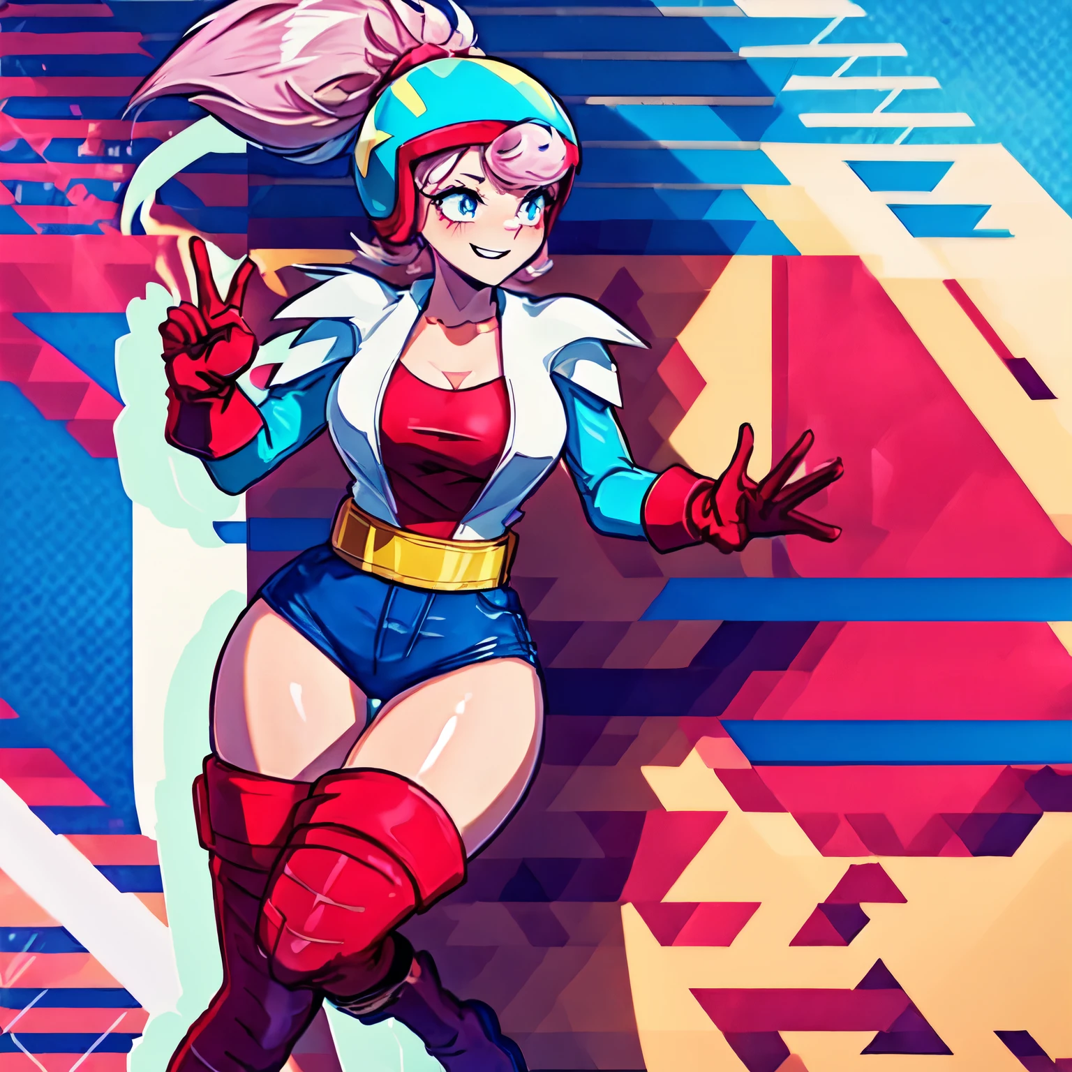 Masterpiece, best quality, (((happy))), 1girl, pink hair, ponytail, bangs, helmet, red gloves, white jacket, cropped jacket, long sleeves, blue sleeves, red shirt, cleavage, blue shorts, yellow belt, boots, thigh boots, thighhighs, red footwear, sexy body, gorgeous body, beautiful, beautiful legs