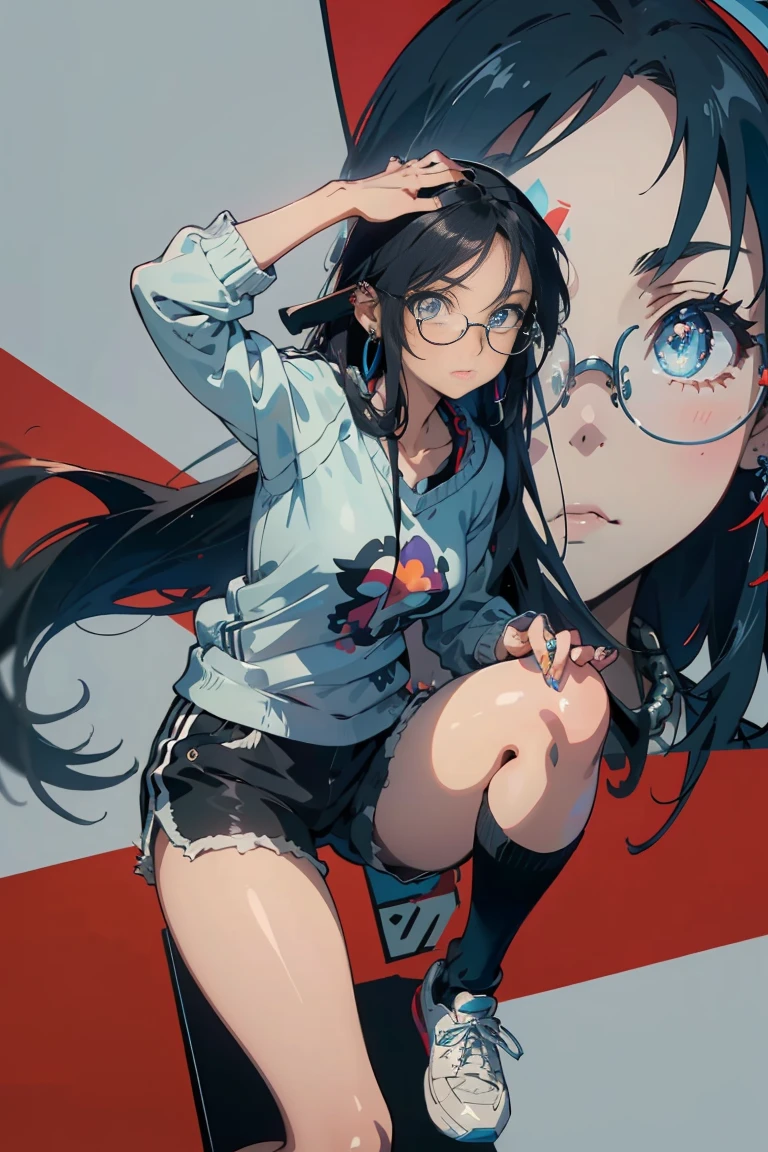 ((masterpiece)), ((best quality)), ((Anime avatar style)), a 20 year old girl, ((light blue eyes)), ((perfect)), ((Round clear glasses)) , eyebrow, nose, ear, ((ear piercing)), Mouth, ((Long black hair is messy)), neck, Shoulder, arms, ((Sweatshirt)), ((tattered shorts)), ((pants socks )), (neck chain), background scenery