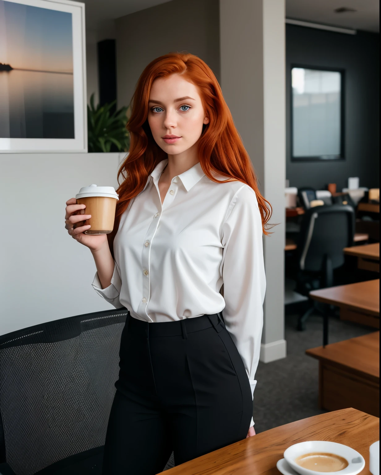 1girl, skin pores texture, ((redhead)) with ((2 buns hair)), blue eyes, ((Joana Gate)) 23 years old, piercing eyes, HD , Photography, movie, cinematic, ((slim waist)),  Realistic, (8k, RAW photo, best quality, masterpiece:1.2), (realistic, photo-realistic:1.33), best quality, cute,natural lighting, depth of field, film grain, sharp, detailed, wide view, ((full body view)), ((full body office clothes with black pants)), ((background is her living room)), ((drinking coffee))
