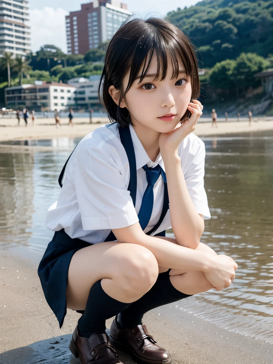 Best quality,raw photo  , 19 years old Japanese female idol, face focus , face closeup ,from above , selfie , POV , dynamic angle,leaning forward, Squatting, Spread legs, school uniform , kneehighs , undies ,Short hair, bowl cut ,cute face  ,edgy,droop  ,wet , on the beach, rain,