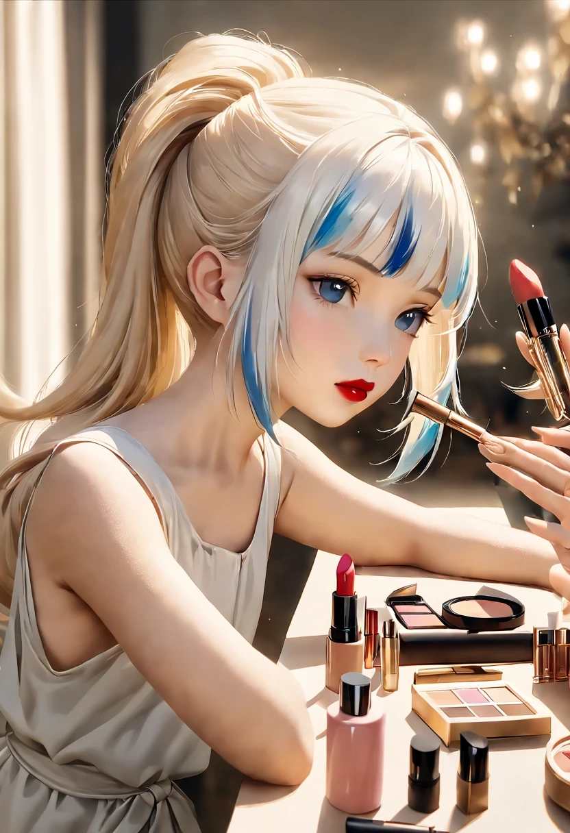 huge beat/(Holographic live broadcast/),无与伦比的masterpiece, Hyper-realistic 8K CG, perfect work of art, ((Perfect female image)), mature woman, thin waist, Tempting, Clean, pretty face, {Extremely delicate and beautiful girl} , 8k wallpaper, {{{masterpiece}} }, 1 girl, blonde hair, blue eyes, ponytail, , jewelry, lips, lipstick, long hair, look at bystanders, cosmetic, lips, red lips, simple background, alone, Upper body, (skin shiny),