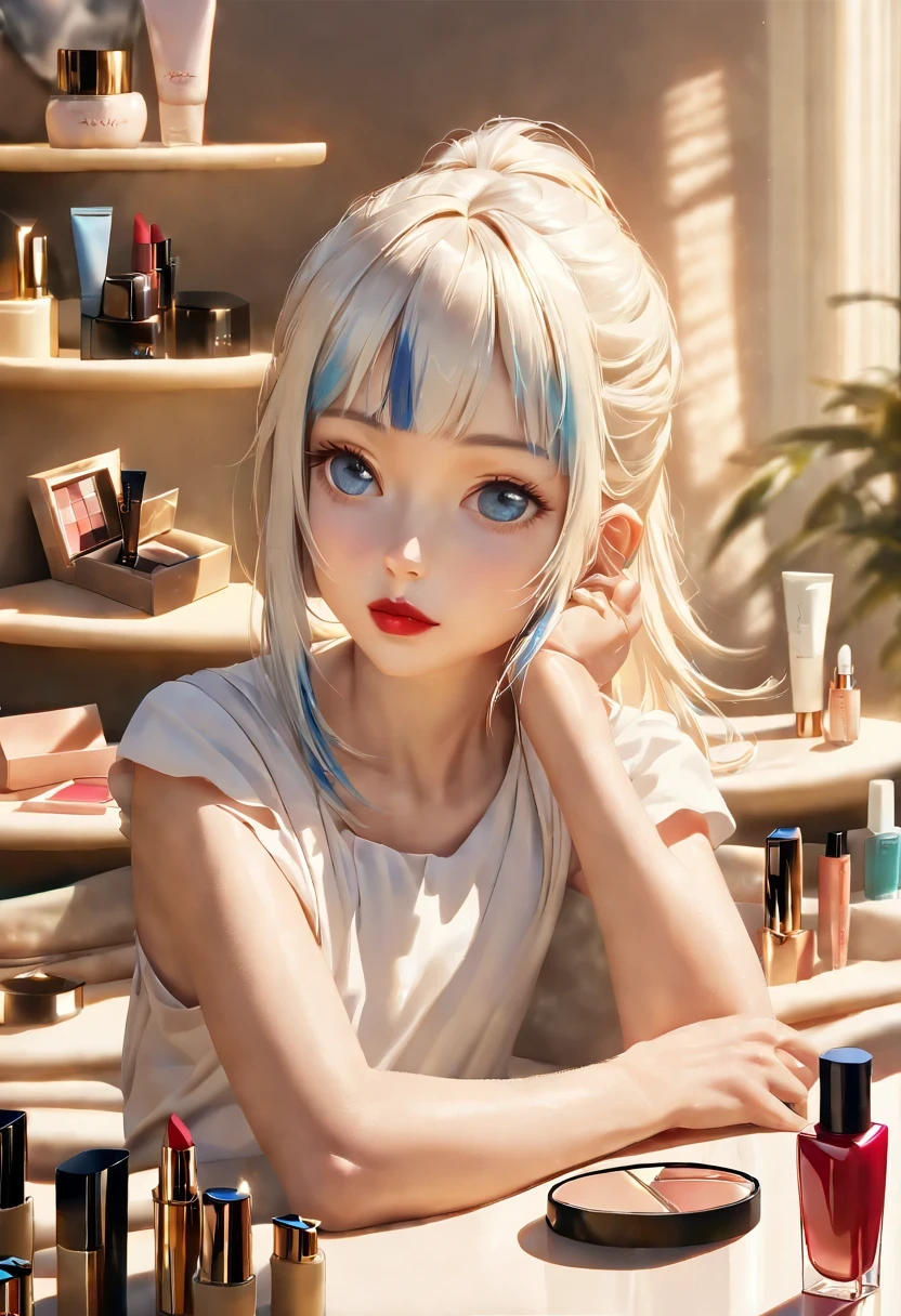 huge beat/(Holographic live broadcast/),无与伦比的masterpiece, Hyper-realistic 8K CG, perfect work of art, ((Perfect female image)), mature woman, thin waist, Tempting, Clean, pretty face, {Extremely delicate and beautiful girl} , 8k wallpaper, {{{masterpiece}} }, 1 girl, blonde hair, blue eyes, ponytail, , jewelry, lips, lipstick, long hair, look at bystanders, cosmetic, lips, red lips, simple background, alone, Upper body, (skin shiny),