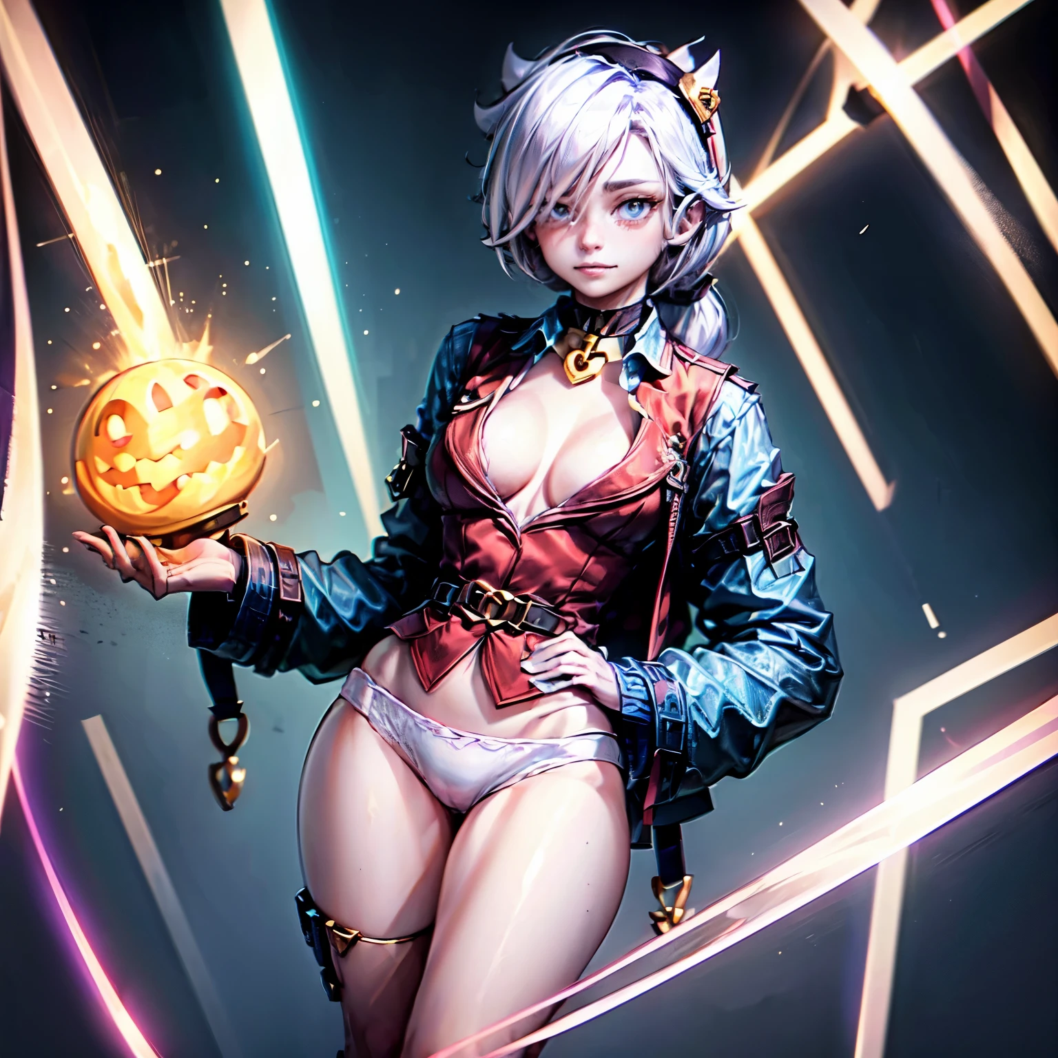 white hair, ponytail, hair over one eye, black eyes, small irises, sharp teeth, black headband, black choker with gold lock, light blue long sleeved shirt under vest, loose sleeves, red blazer vest, arm braces, masterpiece, high quality, (((happy))), sexy body, gorgeous body, beautiful, beautiful legs, big tits, big hips, standing, (((white panties))), (((cleavage))), blush
