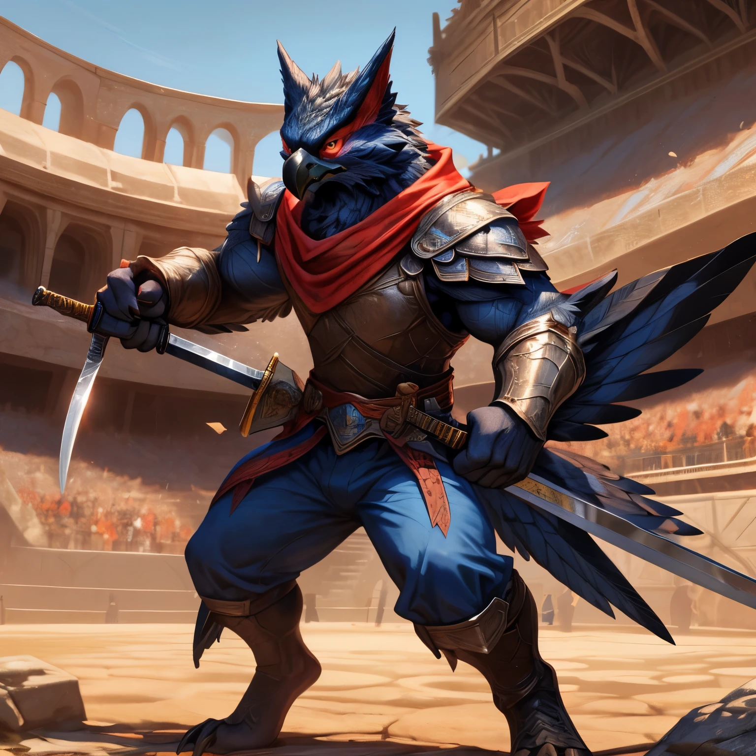 Muscular Nargacuga holding a sword fighting in the middle of a medieval Colosseum , HD, 4K, high resolution, Best quality, perfect colors, perfect shadow, perfect litthing, Males person, Correct Head Anatomy, Correct Anatomy, (Detailed Realistic feathers, epic, tmasterpiece:1.2), (Detailed Medieval Colosseum background), shining feathers, smooth feathers, perfect fur, detailed fur, Simple bed, Nargacuga wearing leather armor, blue pants, Red T-shirt, Detailed leather armor, perfect pants,Persian scarf, Nargacuga (Monster Hunter), Detailed nozzle, Holding a sword, arena, day, Detailed Medieval Colosseum, Detailed sword, fighting, serious expression