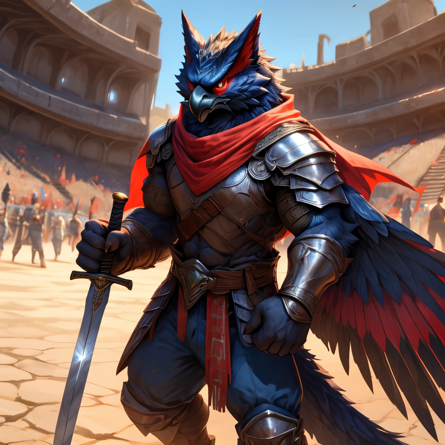 Muscular Nargacuga holding a sword fighting in the middle of a medieval Colosseum , HD, 4K, high resolution, Best quality, perfect colors, perfect shadow, perfect litthing, Males person, Correct Head Anatomy, Correct Anatomy, (Detailed Realistic feathers, epic, tmasterpiece:1.2), (Detailed Medieval Colosseum background), shining feathers, smooth feathers, perfect fur, detailed fur, Simple bed, Nargacuga wearing leather armor, blue pants, Red T-shirt, Detailed leather armor, perfect pants,Persian scarf, Nargacuga (Monster Hunter), Detailed nozzle, Holding a sword, arena, day, Detailed Medieval Colosseum, Detailed sword, fighting, serious expression