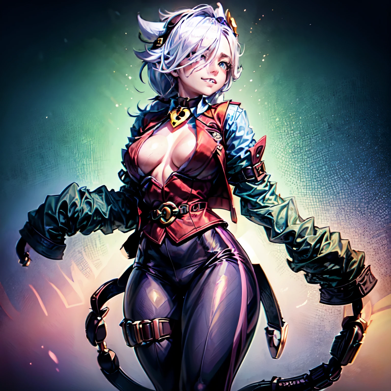 white hair, ponytail, hair over one eye, black eyes, small irises, sharp teeth, black headband, black choker with gold lock, light blue long sleeved shirt under vest, loose sleeves, red blazer vest, arm braces, masterpiece, high quality, (((happy))), sexy body, gorgeous body, beautiful, beautiful legs, big tits, big hips, standing, (((white panties))), blush, ((bending over)), ((from the side)), ((hands on wall))