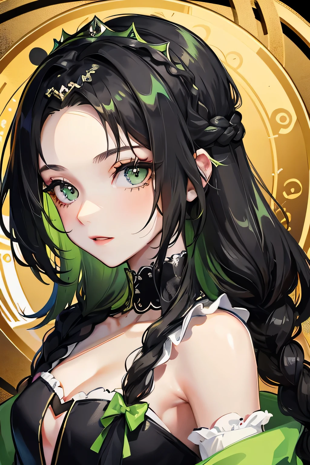 1 woman, Black long hair, french braid, bright green eyes, bright skin, Black dress, Tiara on the head