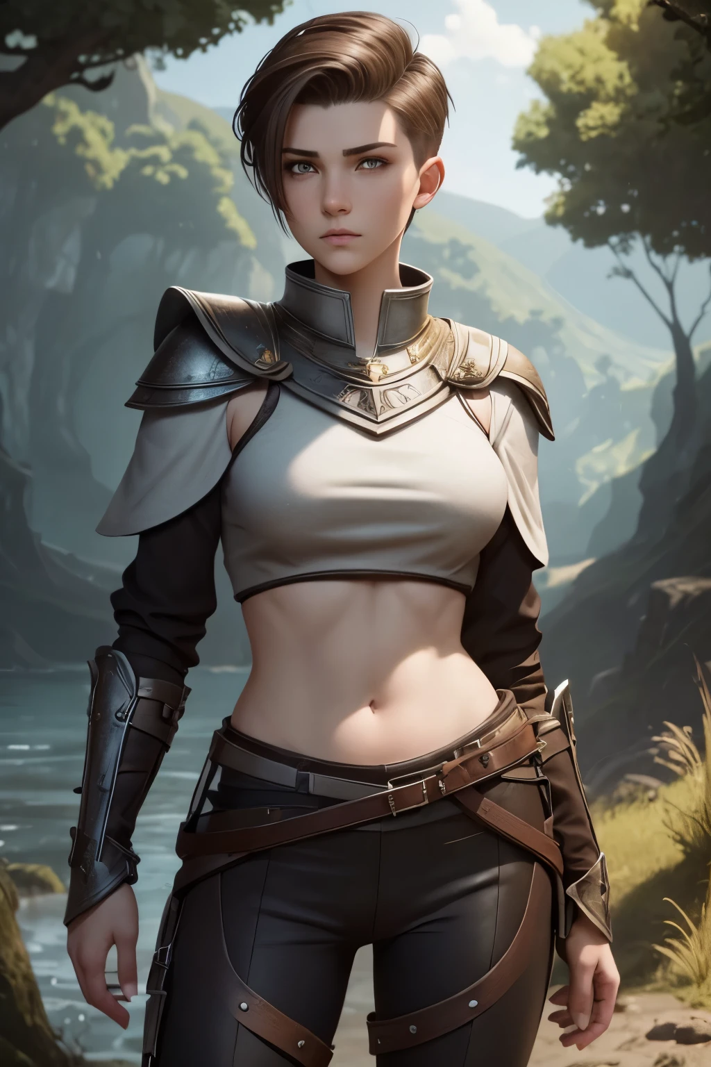 A young androgynous female cleric with an short undercut. Very pale skin with liverspots. Very short dark-brown hair with a undercut. Shaved sides. A pale soft narrow face with freckles. Very thin barely visible eyebrows. Big upturned eyes. Dark-brown eyecolour. Long wide nose. Curved soft lips. Soft round chin. Long neck. Wide hips. Long thick legs. Kind. Friendly. Tomboyish. Wearing a tight silver breast plate and tight brown pants. Background: Beautiful wide landscape with trees, hills and rivers. A vast blue sky.