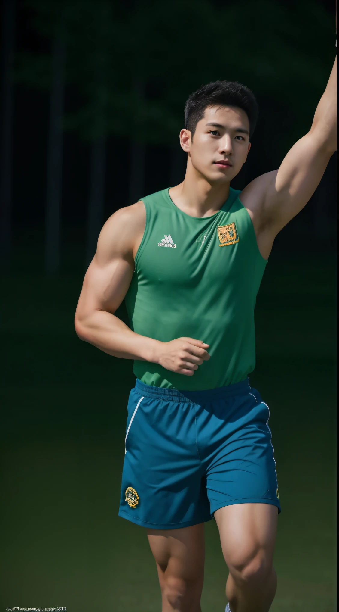 Firefighter in his 20s，with short black hair， Wear green training clothes、blue short pants, High-res, tmasterpiece, best qualtiy, Head:1.3,((Hasselblad photograp)), Fine fine skin, Clear focus, (Cinematic lighting), during night, Gentle lighting, dynamic angle, [:(Detailed face:1.2):0.2],(((Exercise))), sport, The arm muscles are very large, Hands in the crotch.