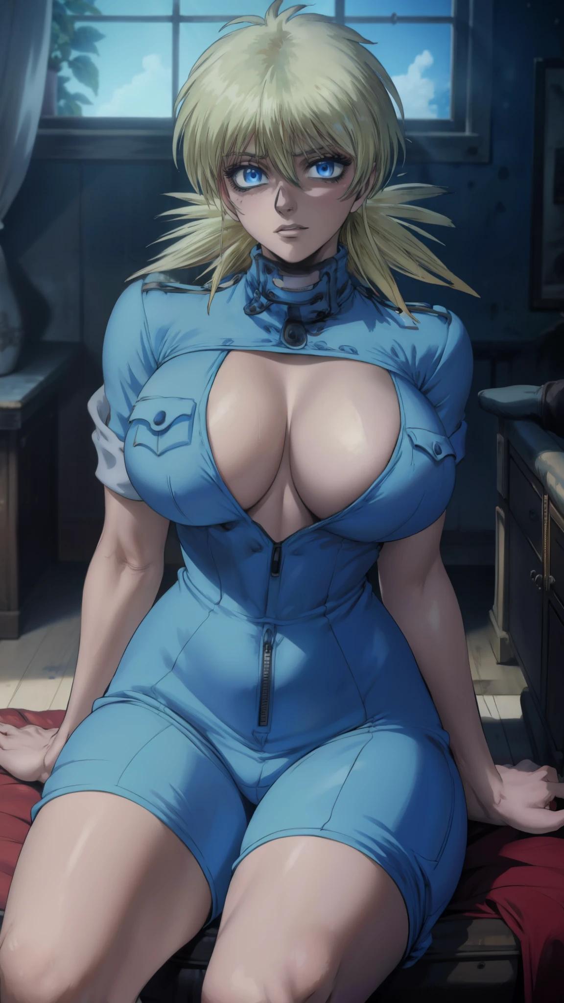 masterpiece, best quality, seras, seras victoria,  hellsing, 1girl, solo, , sitting,, warm lighting, lustful gaze, in heat, horny, head tilt, looking to the side, gigantic breasts, breast focus,  boob window, bare breasts, arms at side, arms behind back, Detailed face, Detailed blue eyes, Detailed face, blue eyes, perfect eyes, perfect face, nude, naked breasts, cleavage, blue one piece bodysuit, wearing blue one piece bodysuit, blue jumpsuit