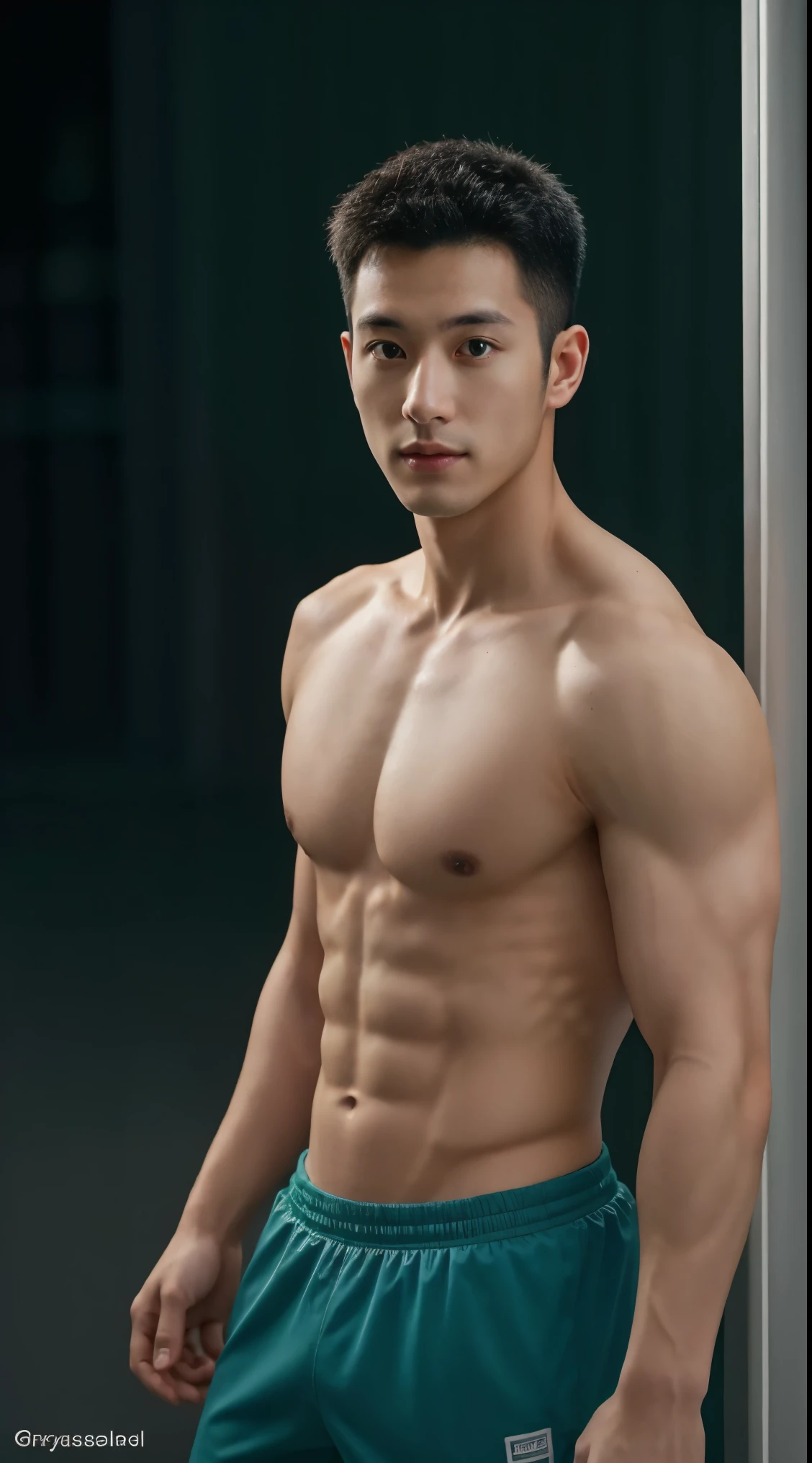 Firefighter in his 20s，with short black hair， Wear green training clothes、shirtless, blue short pants, High-res, tmasterpiece, best qualtiy, Head:1.3,((Hasselblad photograp)), Fine fine skin, Clear focus, (Cinematic lighting), during night, Gentle lighting, dynamic angle, [:(Detailed face:1.2):0.2],(((Exercise))), sport, The arm muscles are very large, Hands in the crotch. Sexy, chest hair, body hair, pube hair