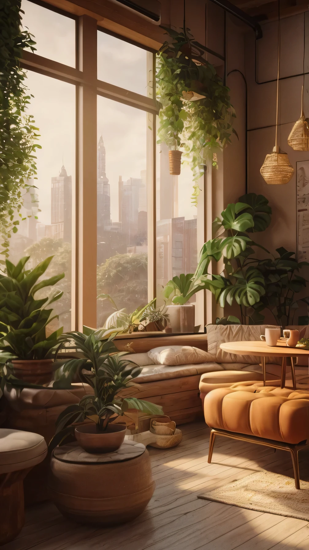there is a room with a couch, chair, and a table with plants, relaxing environment, cozy place, cozy cafe background, cozy environment, warm interior, city apartment cozy calm, realistic afternoon lighting, picture of a loft in morning, relaxing atmosphere, urban jungle, relaxing concept art, designed for cozy aesthetics!, cozy atmospheric, in a tropical and dystopic city