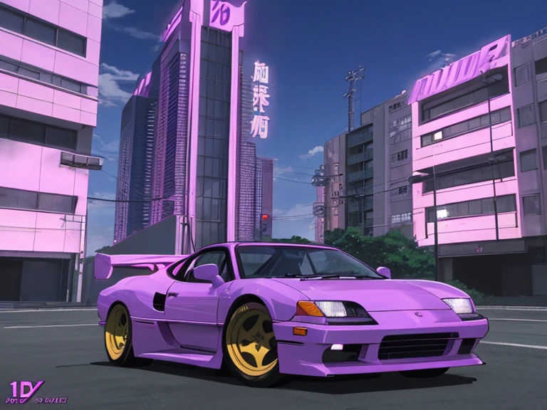 purple car with a girl standing on side of a building, initial d anime screenshot, 9 0 s anime aesthetic, art deco outrun anime aesthestic, initial d anime, initial d anime 1 0 8 0 p, initial d, lofi artstyle, anime movie screenshot, anime movie scene, akira vibes, style of akira motion movie