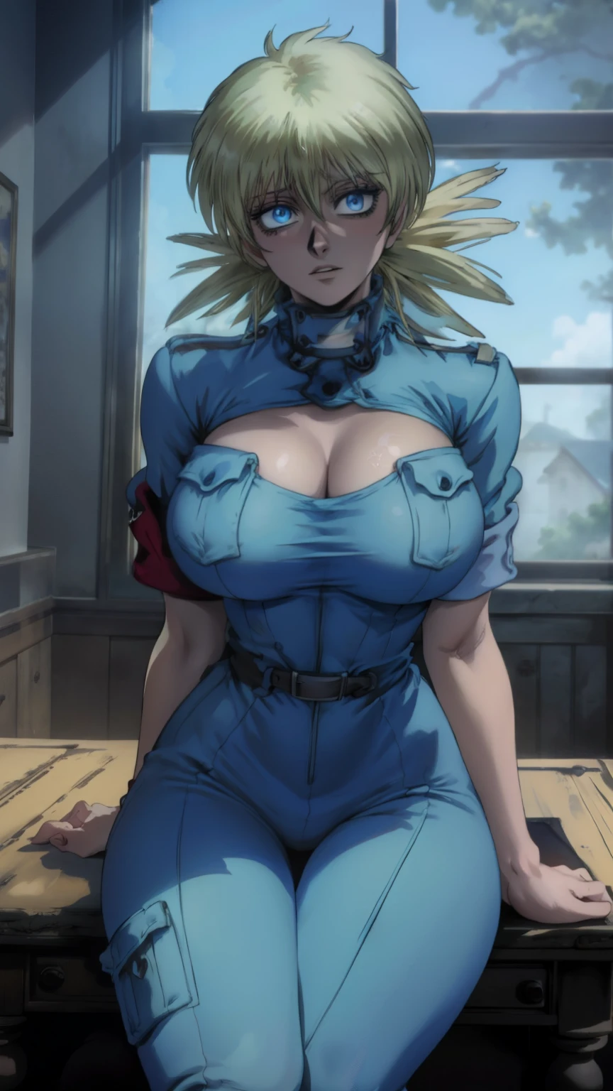 masterpiece, best quality, seras, seras victoria,  hellsing, 1girl, solo, , sitting,, warm lighting, lustful gaze, in heat, horny, head tilt, looking to the side, gigantic breasts, breast focus,  boob window, bare breasts, arms at side, arms behind back, Detailed face, Detailed blue eyes, Detailed face, blue eyes, perfect eyes, perfect face, nude, naked breasts, cleavage, blue one piece bodysuit, wearing blue one piece bodysuit, blue jumpsuit