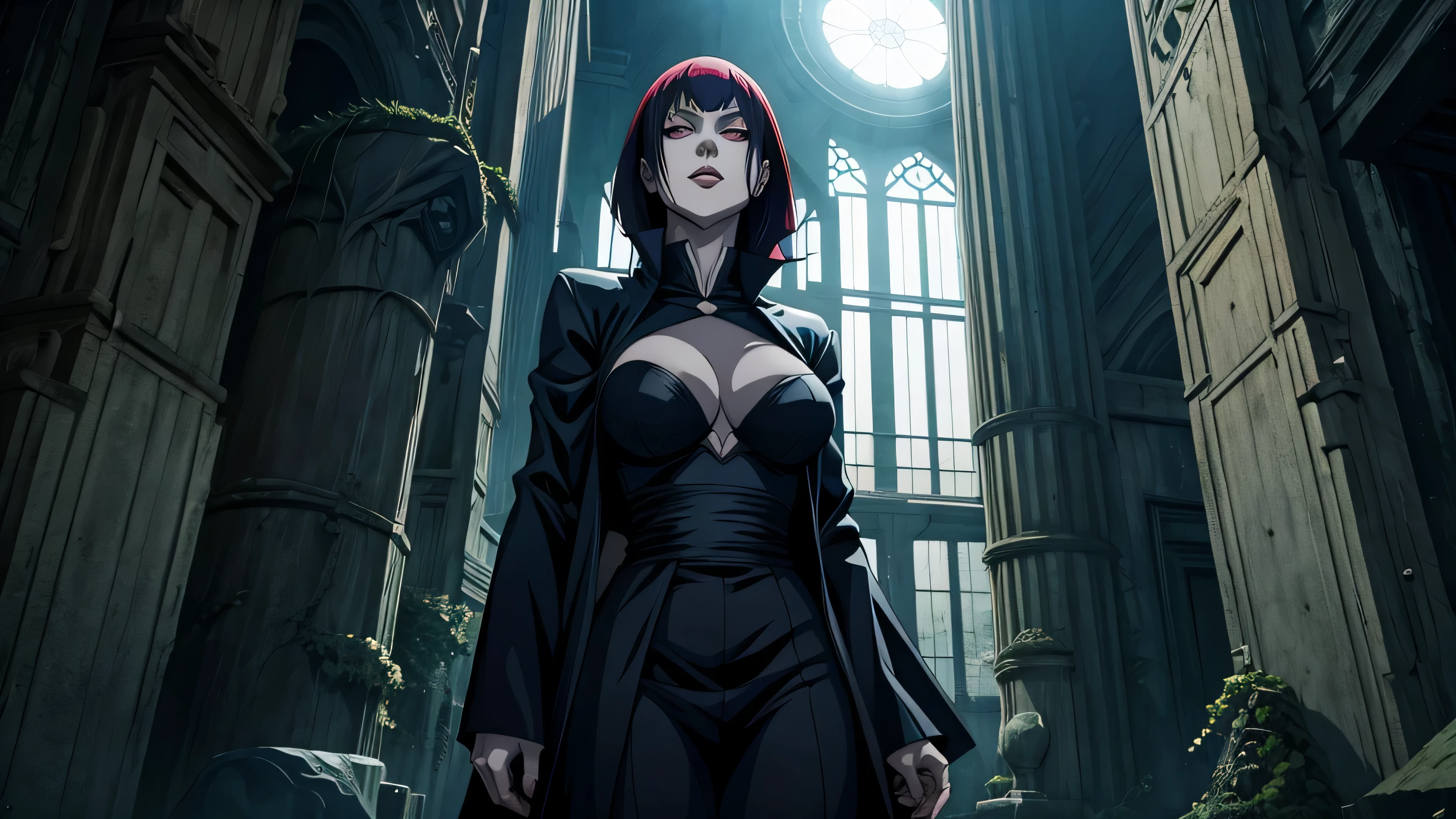 garota do anime, roupa de vampiro, personagem inspirado em jujutsu kaisen, ambiente cemiterio, morcegos