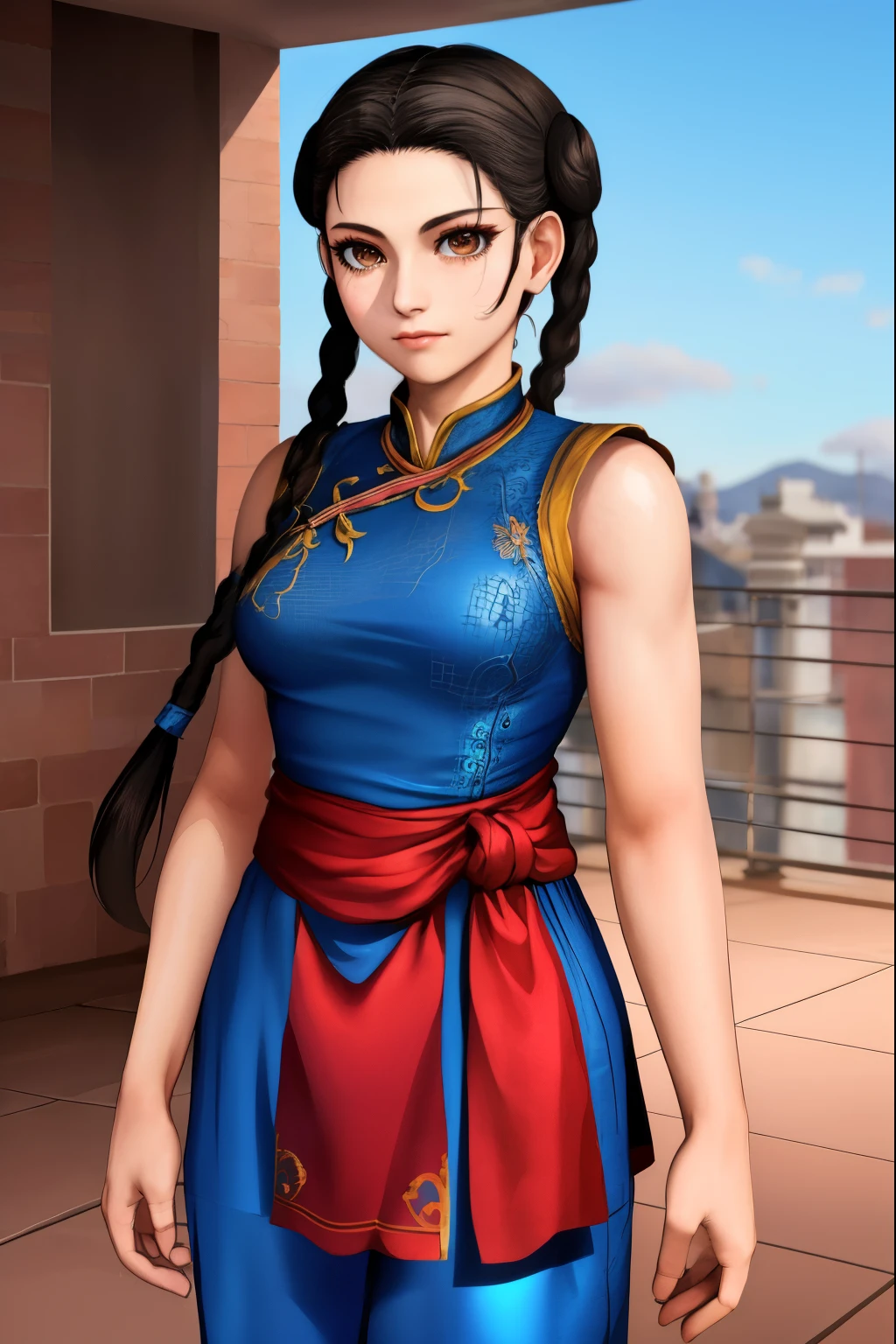 Pai-chan, Twin braids with blue ribbon, brown eyes, double good,black hair,Are standing, alone , Upper body,  combat readiness, 
paiati,blue cheongsam, red obi, pants, No sleeve,
marble floor, blue sky, cloudy, evening,
(Extremely detailed, beautiful and detailed face, masterpiece, highest quality)    