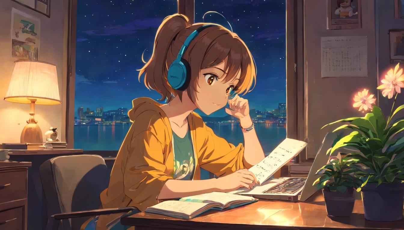 Girl studying and listening to music in a cozy room at night, Usando fones de ouvido, Anime estilo 2D, lo-fi, hard disk, Ambiente escuro,Foto de uma linda jovem de 20 anos, Listening to music with headphones, Super detalhe, retro wave, Ciberpunk, sad vibe, luz noturna pela janela, Jamaican statue by the window, Night vibrations, Um quarto, 2D, (Tiro longo), plano amplo, (barulho do filme), desenho animado antigo, (Muitos registros: 1.3), vinil record store, (obra de arte, qualidade muito alta, qualidade muito alta, arte oficial, beautiful and aesthetic: 1.2), (Muito detalhado, (arte fractal: 1.4 ), guitarra, (notas: 1.4), (hip-hop lo-fi), Vista lateral, textura de anime antigo, sozinho, Alto-falante, Ciberpunk, vinil, noite,hot cup of coffee, vaso com planta linda verde,cahorro peludinho de raça Yorkshire Terrier, picture on the wall with sonolândia written on it, telefone iphone sobre a mesa,estrelas no ceu passando um aviao ,uma linda calopsita branca em cima da mesa