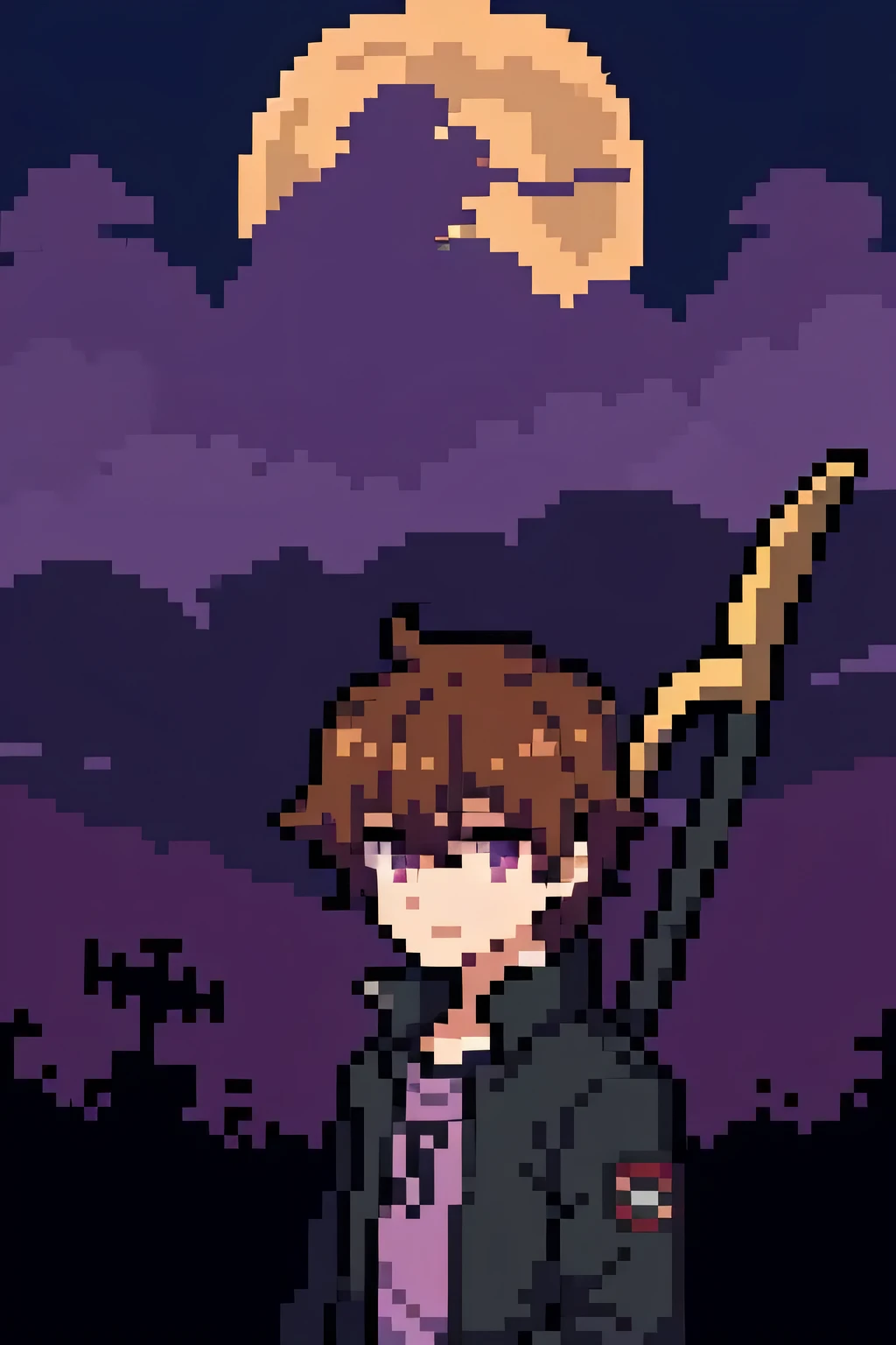 Male anime character with light brown hair holding a purple demonic scythe that has a demonic aura in front of a purple full moon landscape , que tenga los ojos morados , que vista ropa moderna
