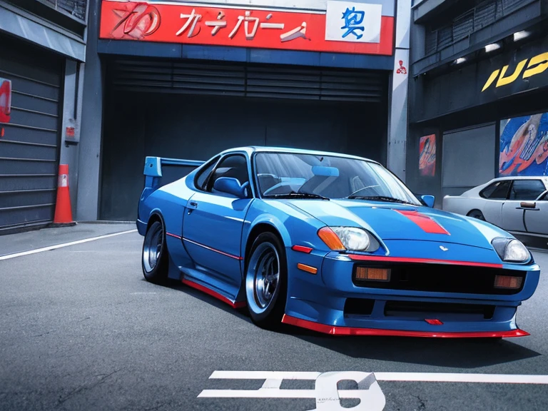 girl with a blue car, initial d anime screenshot, 9 0 s anime aesthetic, art deco outrun anime aesthestic, initial d anime, initial d anime 1 0 8 0 p, initial d, lofi artstyle, anime movie screenshot, anime movie scene, akira vibes, style of akira motion movie
