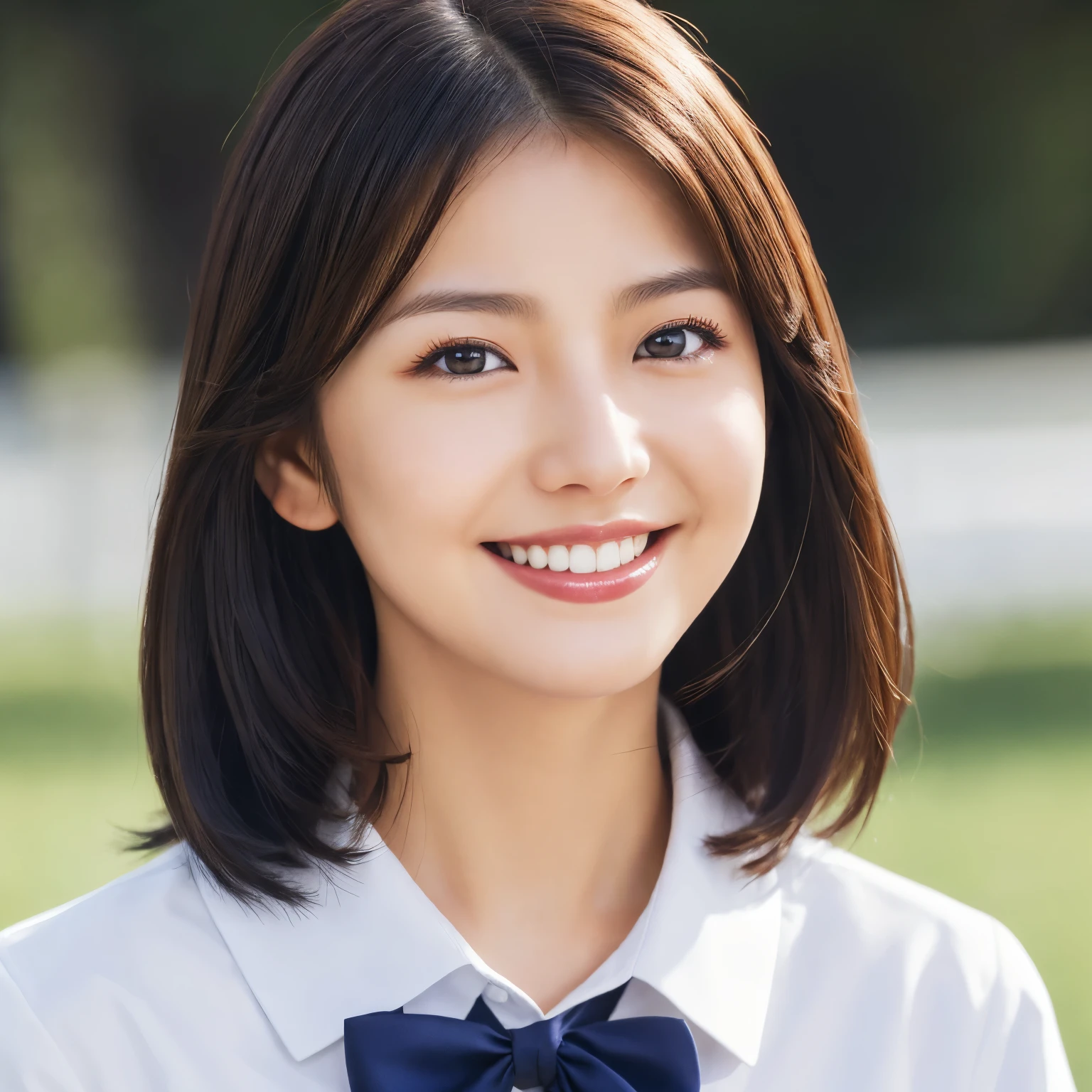 (highest quality、table top、8k、best image quality、Award-winning work)、One Cute High School Girl、(strongly blurred school background:1.1)、(The perfect and most natural high school uniform:1.1)、Plump and shiny lips、illuminate the face、(Straight very short hair:1.1)、(close up of face:1.1)、smile looking at me、classy and perfect makeup、Ultra high definition beauty face、ultra high definition hair、Super high-definition sparkling eyes、(Shining ultra-high definition beautiful skin:1.1)、Super high resolution glossy lips、(accurate anatomy:1.1)、ultra high definition hair、Super high definition perfect beautiful teeth