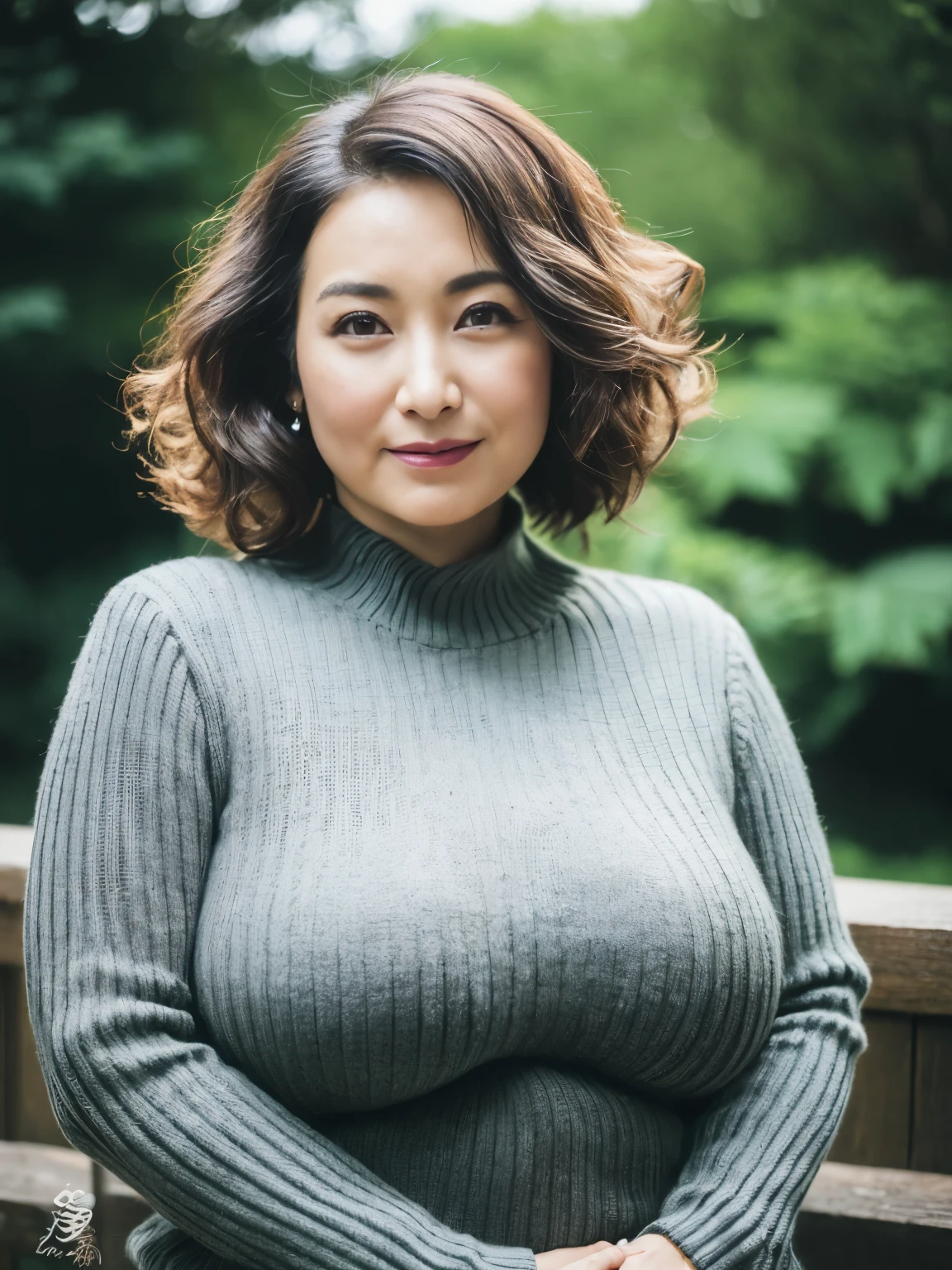 ((best quality, 8k, masterpiece, portrait: 1.3)), (View audience), photorealism, sharp focus, alone, japanese milf, beauty,curls, Wrinkles at the corners of the eyes, emphasize, ((big breasts:1.3))),,30 years old, curls, (Long-sleeved knitted sweater、skirt made of、、stand up:1.3)