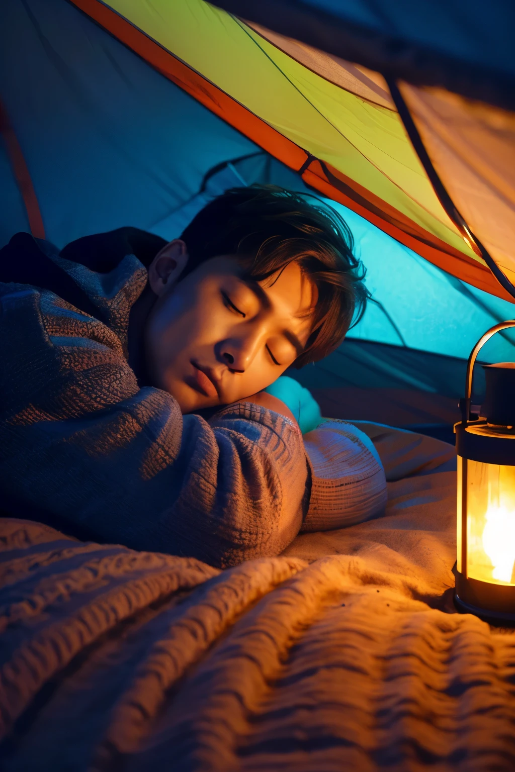 A handsome Korean man sleeping in a tent on a midwinter night