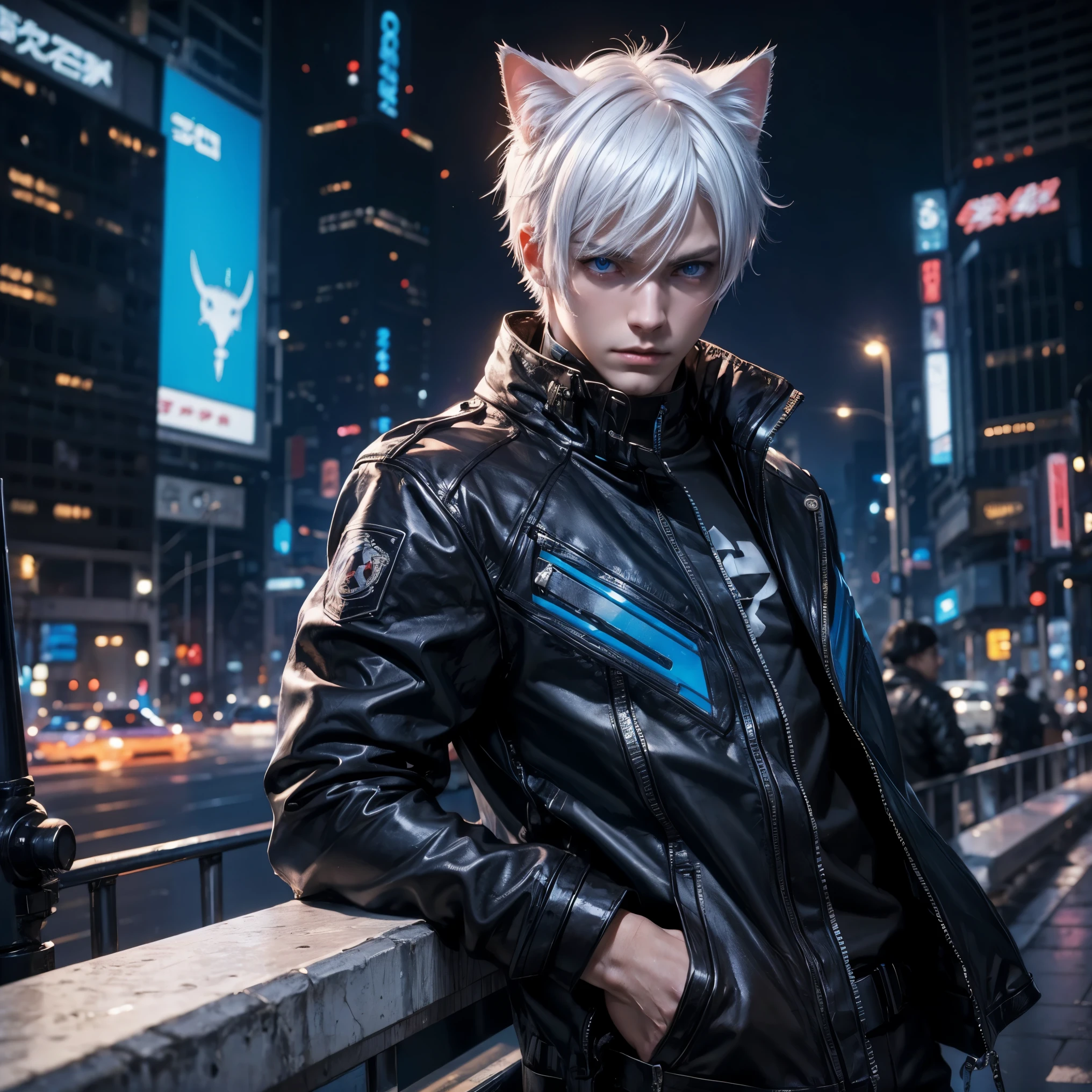 Man, male, young, boy, white hair, blue eyes, cat ear, neko,Sexy, cyberpunk