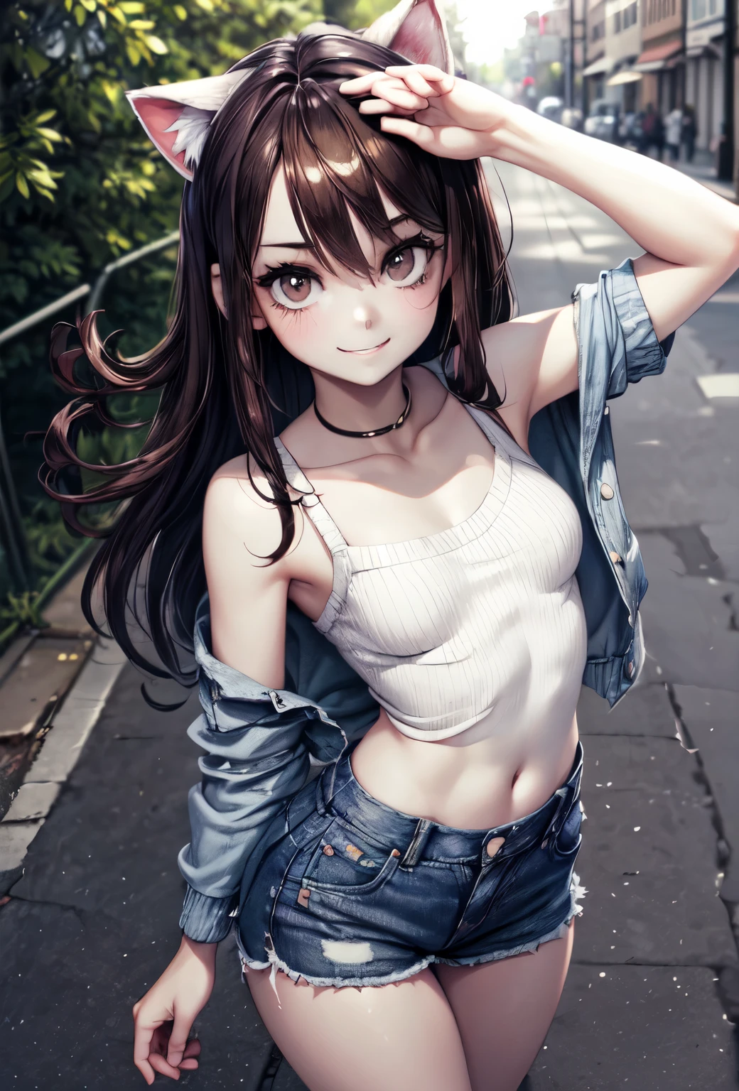 solo, sly smile, very long disheveled brown hair with a dark purple tint, Young girl, perfect brown eyes, expressive eyes, looking at viewer, 8k wallpaper, perfect lighting, masterpiece, (Beautiful small Breasts:1.2), (slender girl), bangs between the eyes, (on the street in small town:1.3), summer day, band on the head in the form of cat ears, denim low-waist microshort, loose cropped sweater with open shoulders,  parororo